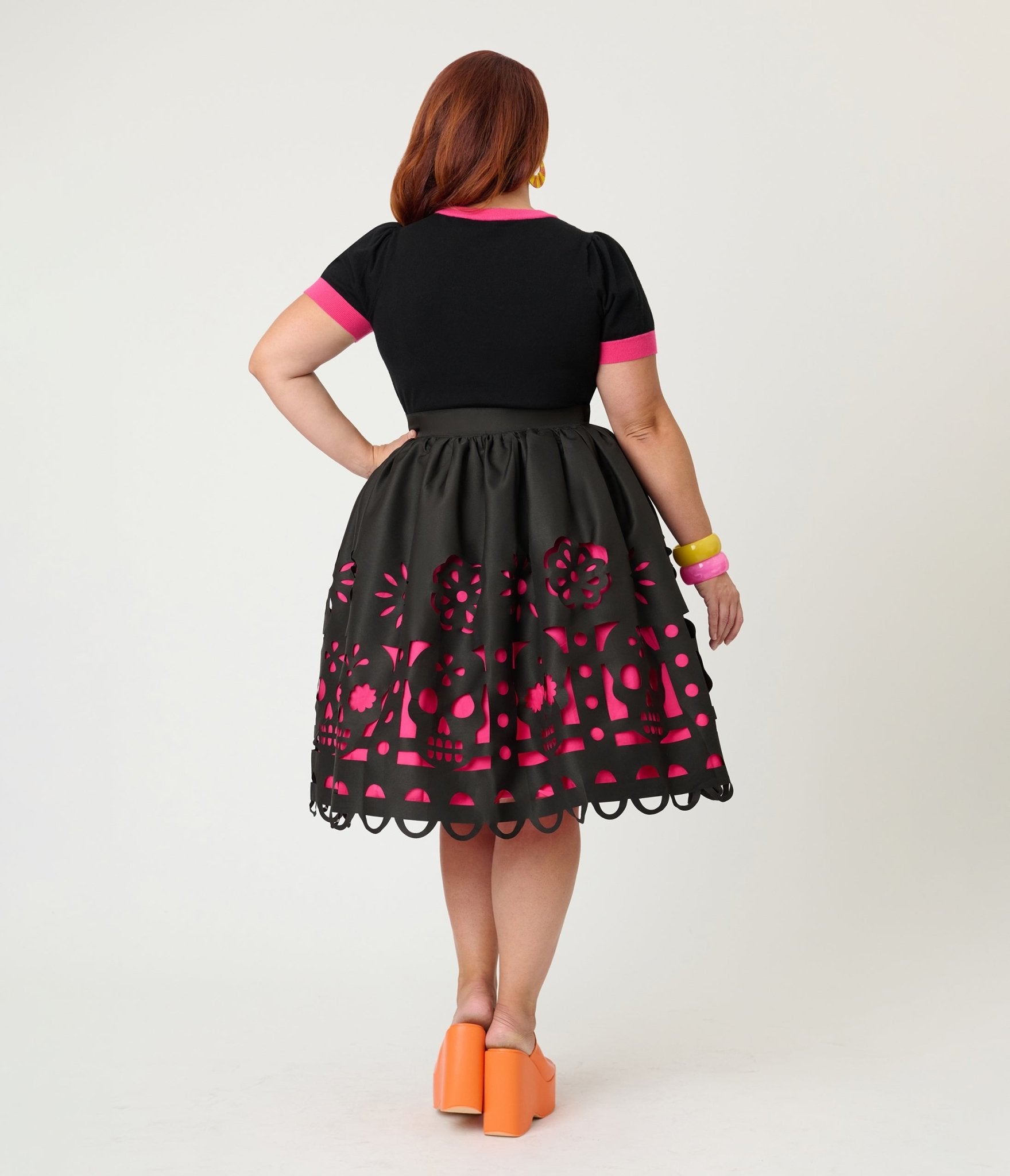 Unique Vintage Plus Size Black & Pink Day of the Dead Skull Cutout Swing Skirt - Unique Vintage - Womens, BOTTOMS, SKIRTS