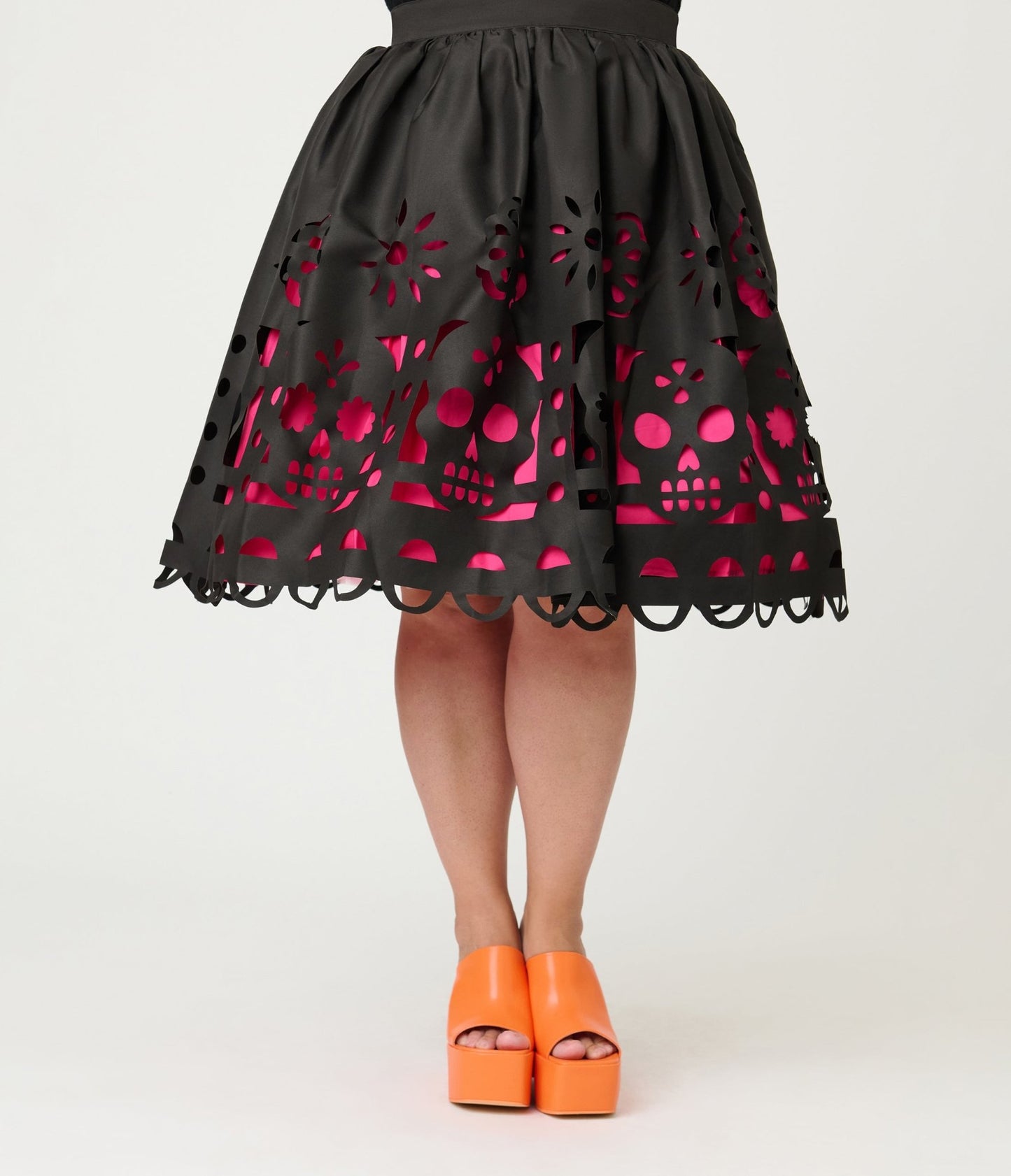 Unique Vintage Plus Size Black & Pink Day of the Dead Skull Cutout Swing Skirt - Unique Vintage - Womens, BOTTOMS, SKIRTS