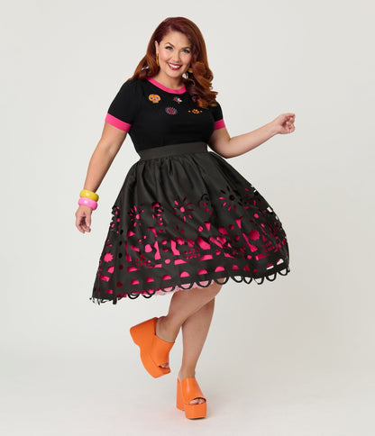 Unique Vintage Plus Size Black & Pink Day of the Dead Skull Cutout Swing Skirt - Unique Vintage - Womens, BOTTOMS, SKIRTS