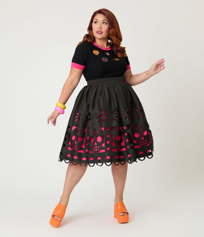 Unique Vintage Plus Size Black & Pink Day of the Dead Skull Cutout Swing Skirt - Unique Vintage - Womens, BOTTOMS, SKIRTS