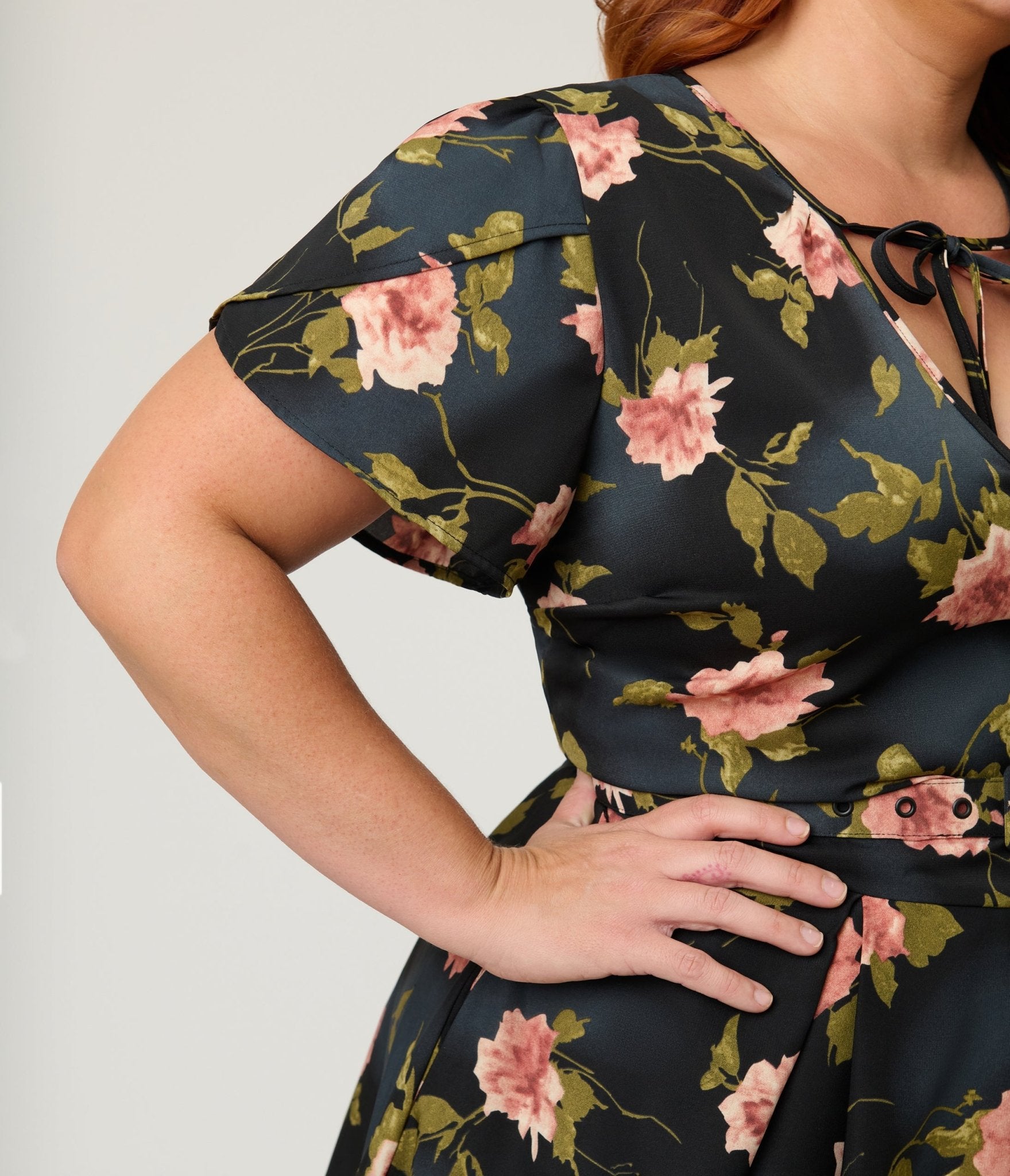 Unique Vintage Plus Size Black & Pink Floral Dahlia Swing Dress
