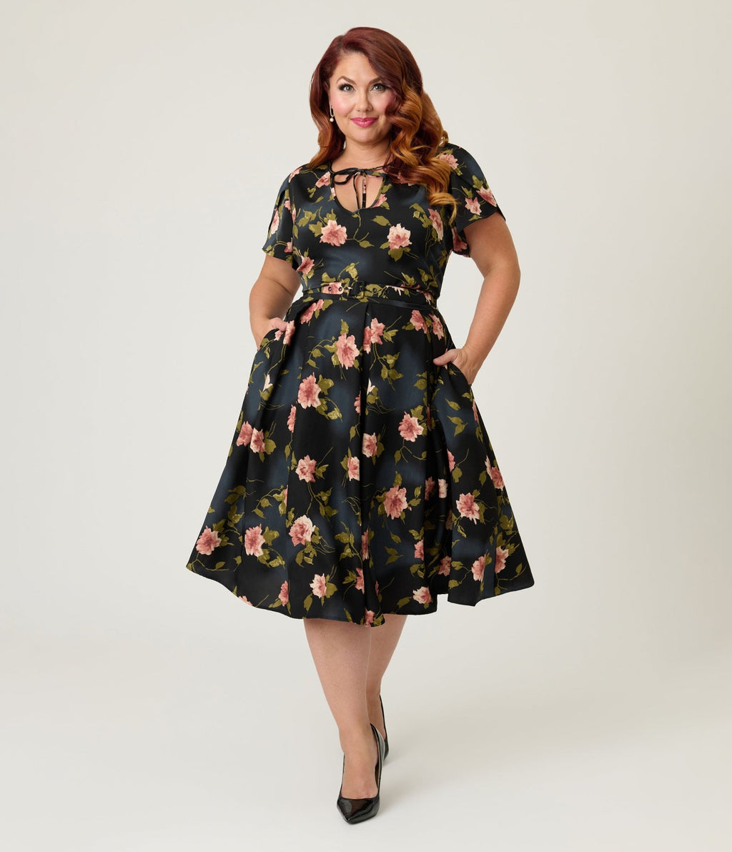 rose gold and black plus size dress Unique Vintage & Pink Floral Dahlia Swing cacusal cocktail dress