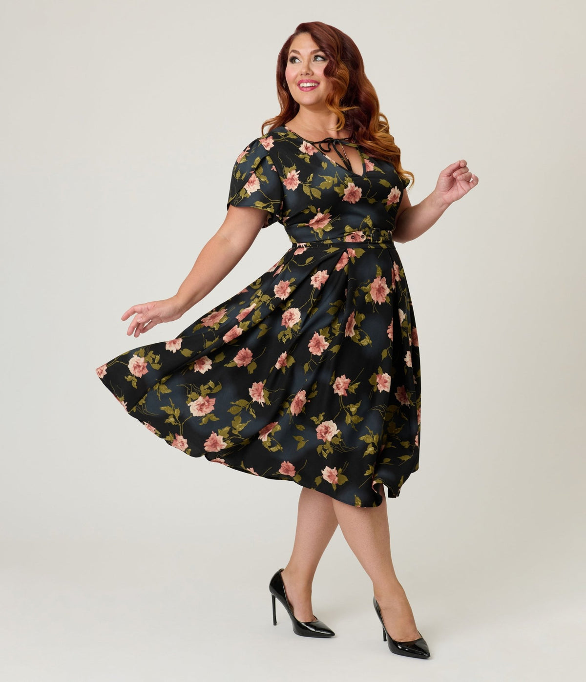 floral cocktail dress plus size Unique Vintage Black & Pink Dahlia Swing 30OFF JAN 2023 NH Brown Multi Floral Print 5X Model Notes Jersey Colors:Champagne Rose