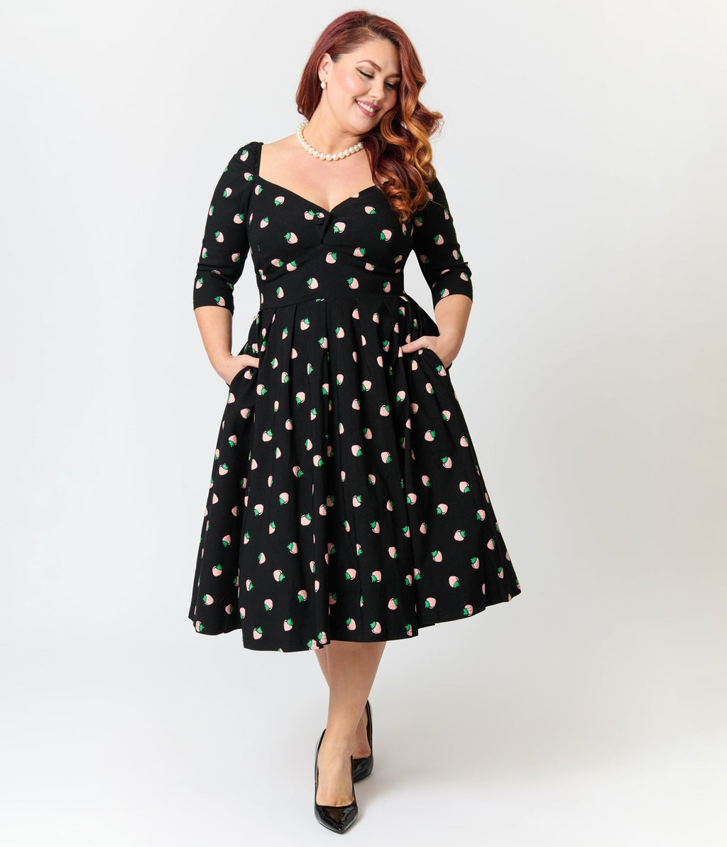 plus size black and white polka dot dress Unique Vintage Plus Size Black & Pink Strawberry Lamar Swing Dress 1X/16W-18W