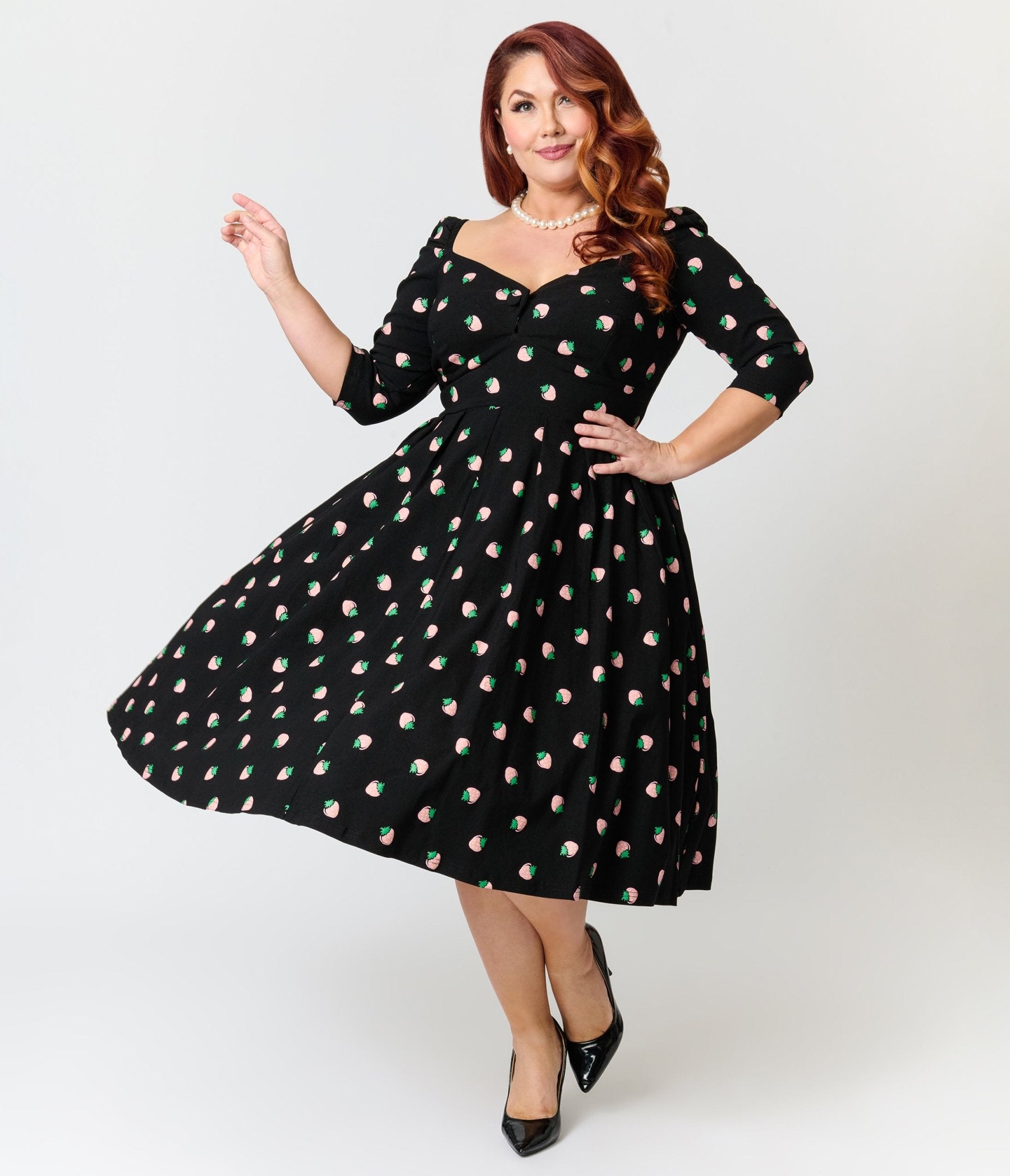 Unique Vintage Plus Size Black & Pink Strawberry Lamar Swing Dress 5X/32W-34W Unique Vintage Plus Size Black & Pink Strawberry Lamar Swing Dress 5X/32W-34W