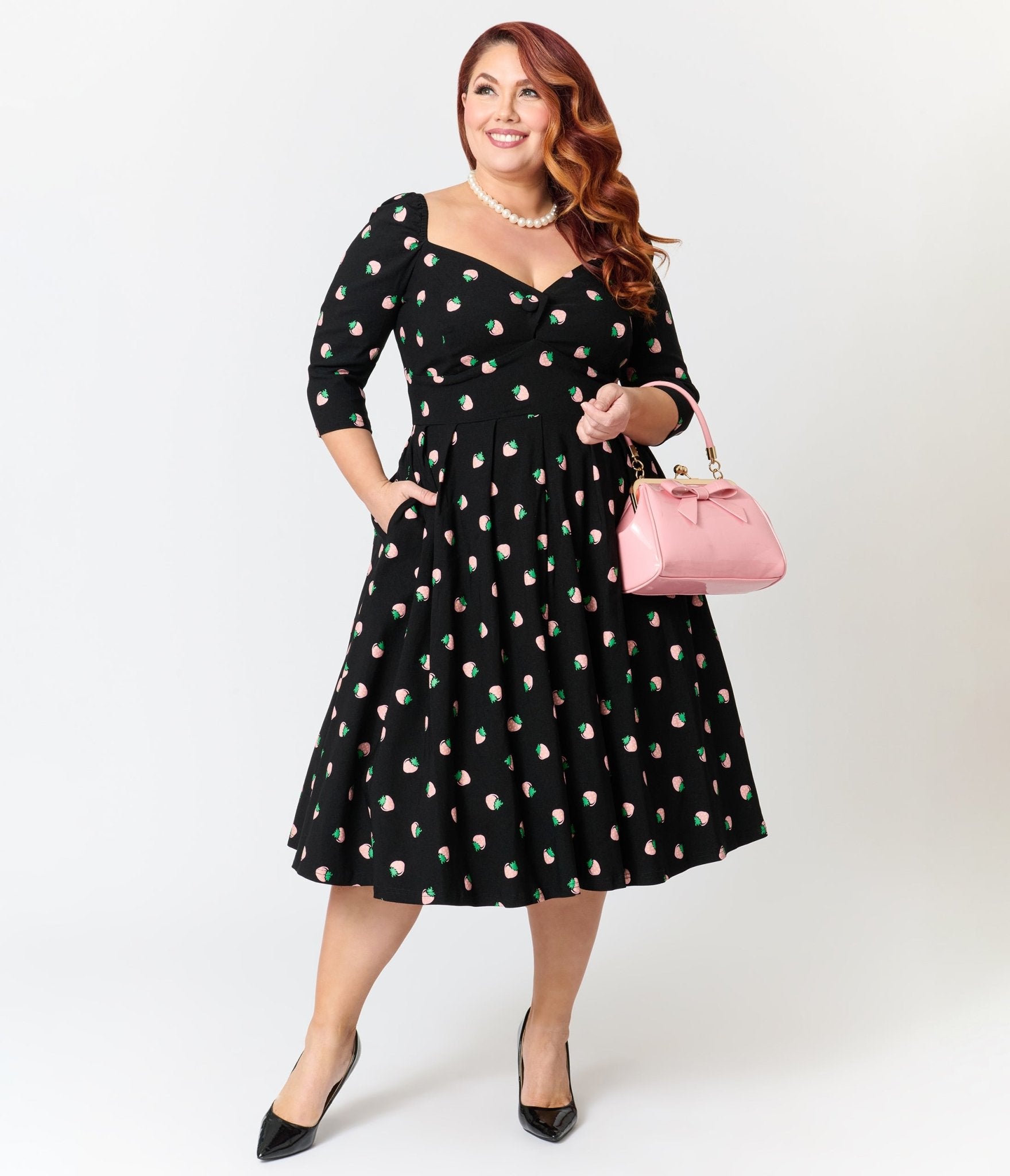 Unique Vintage Plus Size Black & Pink Strawberry Lamar Swing Dress 4X/28W-30W