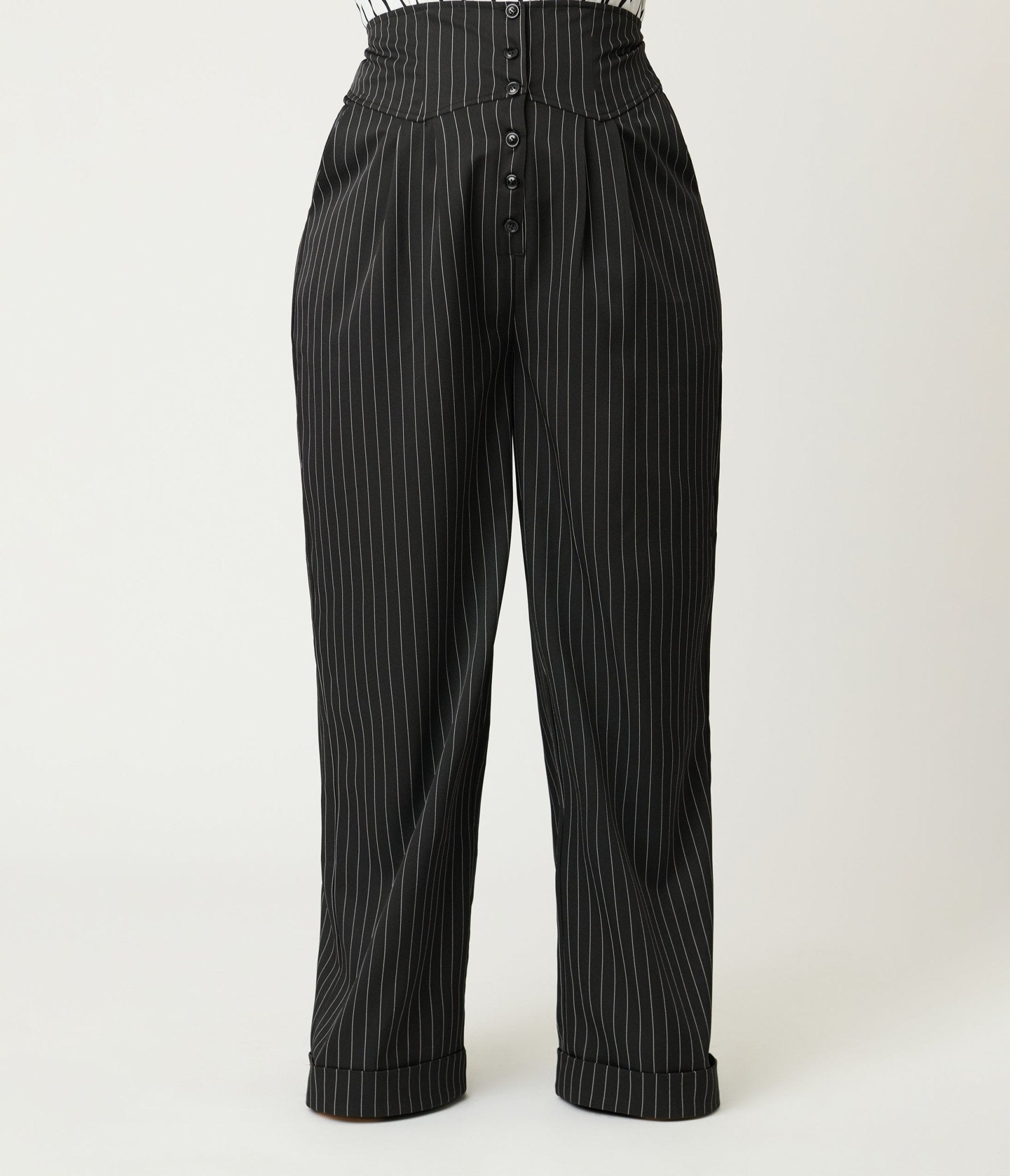 Unique Vintage Plus Size Black Pinstripe High Waist Trousers - Unique Vintage - Womens, BOTTOMS, PANTS