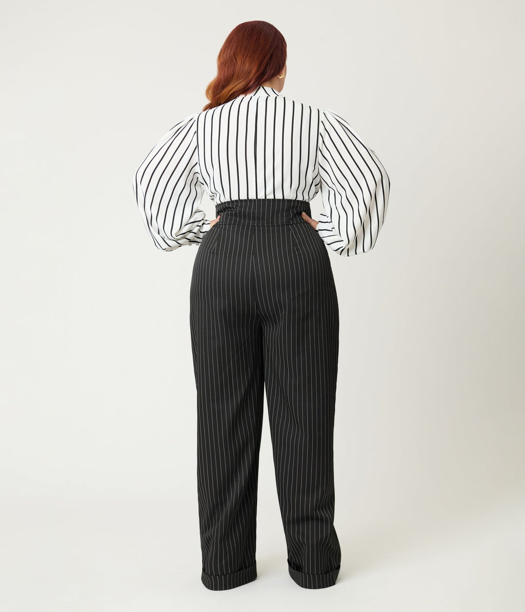 Unique Vintage Plus Size Black Pinstripe High Waist Trousers - Unique Vintage - Womens, BOTTOMS, PANTS