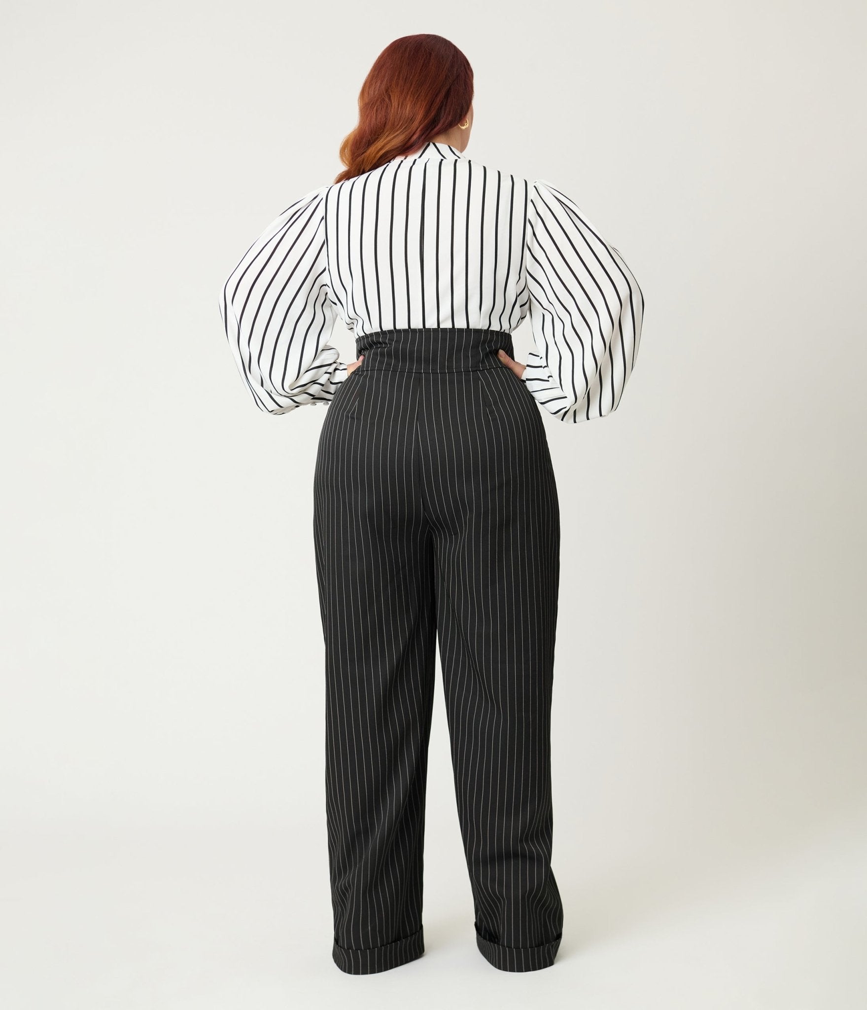Unique Vintage Plus Size Black Pinstripe High Waist Trousers - Unique Vintage - Womens, BOTTOMS, PANTS