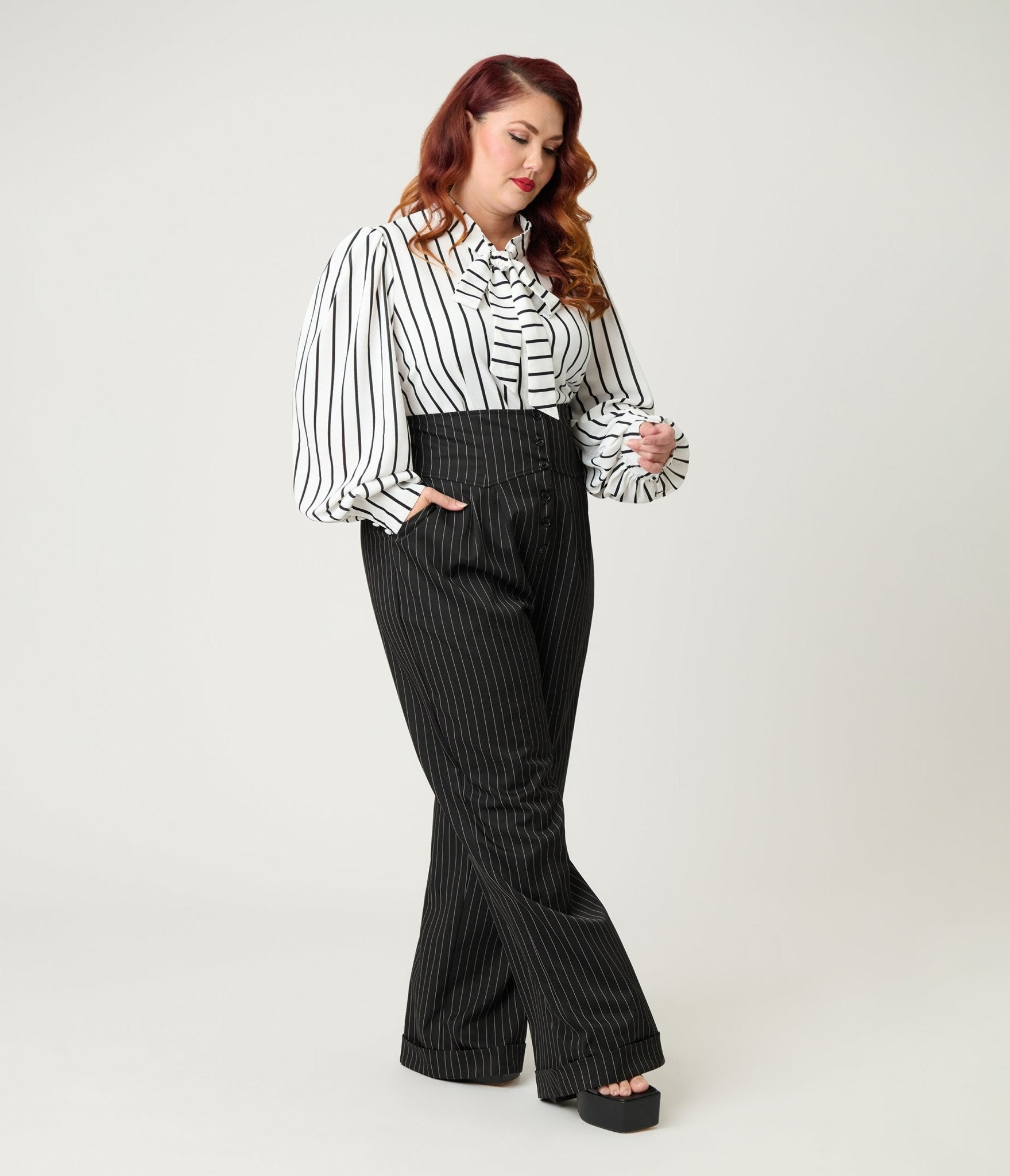 Unique Vintage Plus Size Black Pinstripe High Waist Trousers - Unique Vintage - Womens, BOTTOMS, PANTS