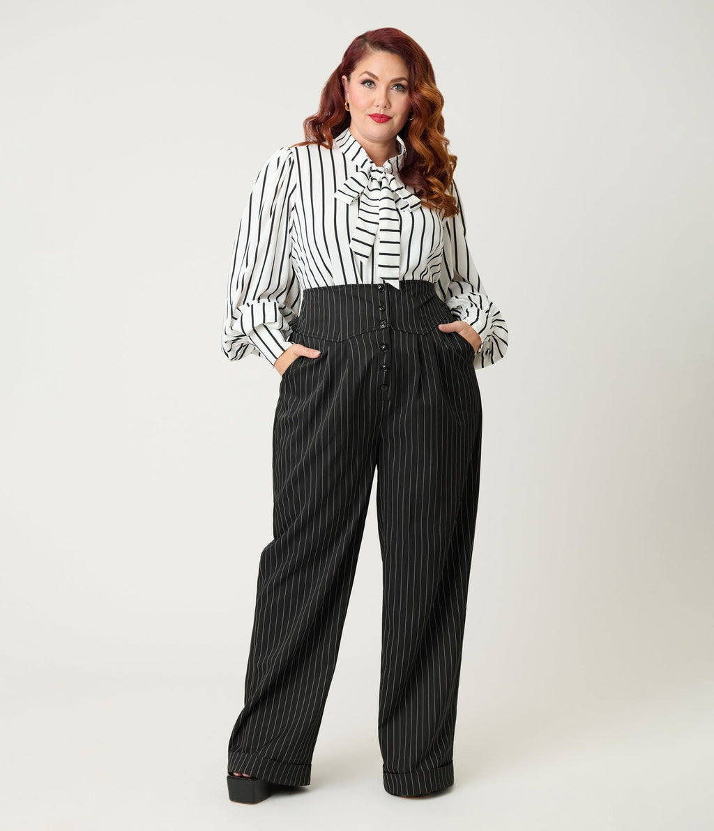 Unique Vintage Plus Size Black Pinstripe High Waist Trousers - Unique Vintage - Womens, BOTTOMS, PANTS