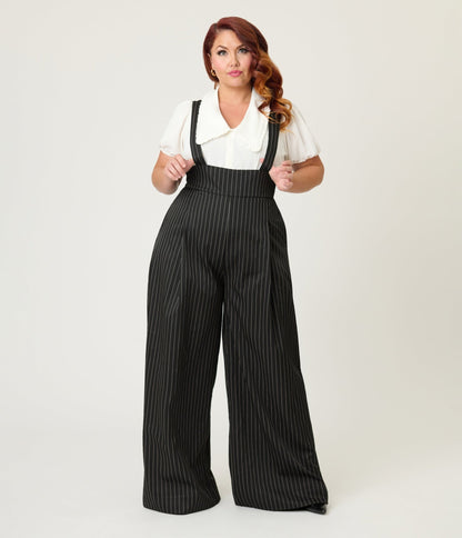 Unique Vintage Plus Size Black Pinstripe Rochelle Suspender Pants - Unique Vintage - Womens, BOTTOMS, PANTS