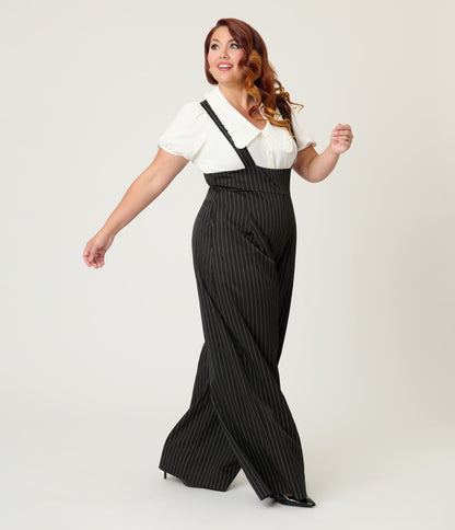 Unique Vintage Plus Size Black Pinstripe Rochelle Suspender Pants - Unique Vintage - Womens, BOTTOMS, PANTS