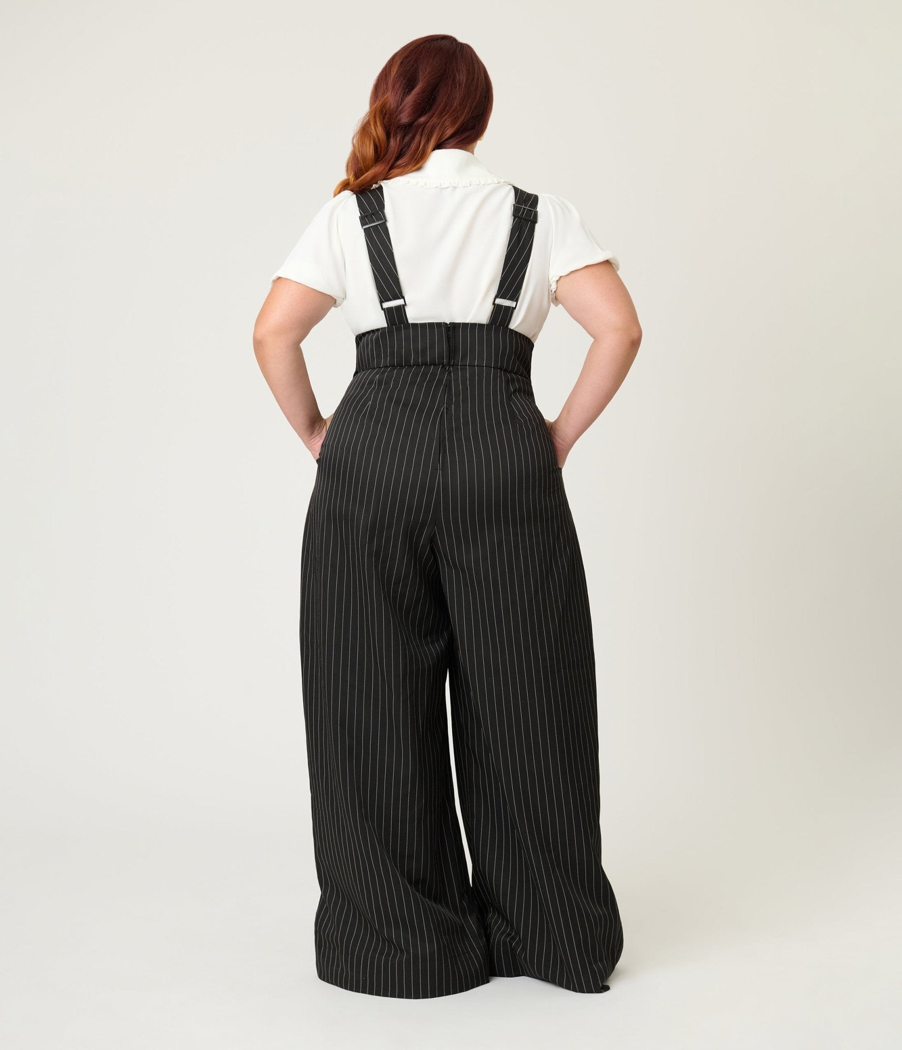 Unique Vintage Plus Size Black Pinstripe Rochelle Suspender Pants - Unique Vintage - Womens, BOTTOMS, PANTS