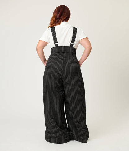 Unique Vintage Plus Size Black Pinstripe Rochelle Suspender Pants - Unique Vintage - Womens, BOTTOMS, PANTS