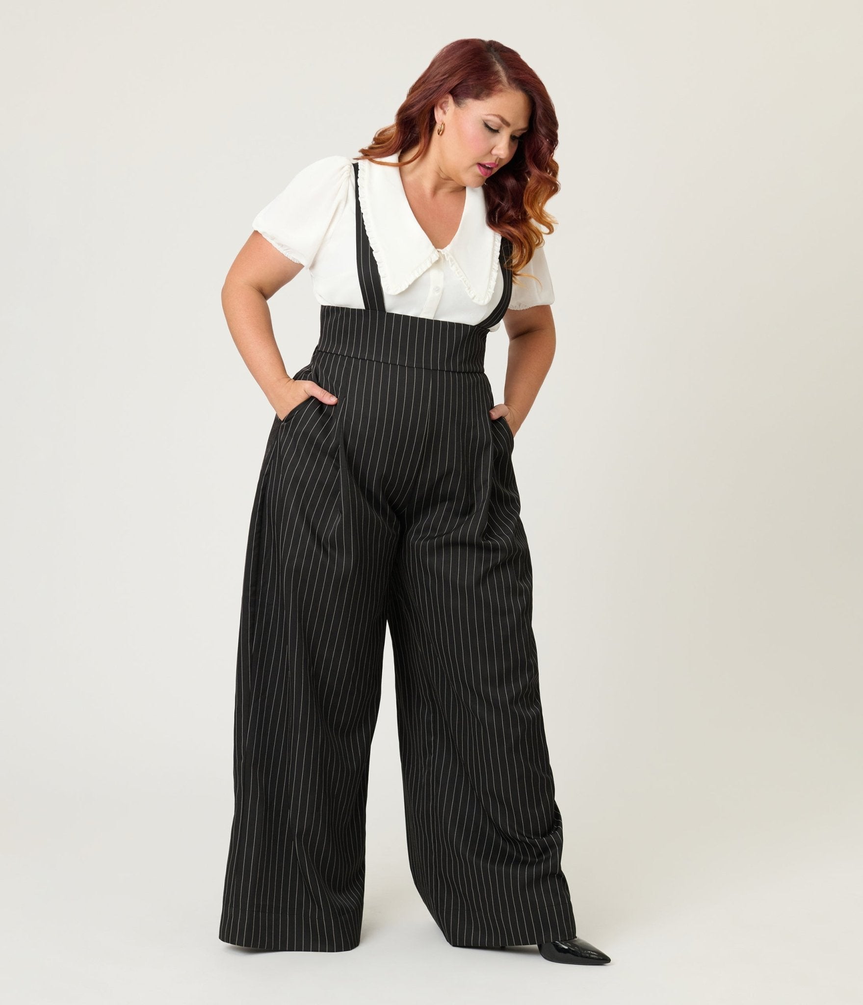 Unique Vintage Plus Size Black Pinstripe Rochelle Suspender Pants - Unique Vintage - Womens, BOTTOMS, PANTS