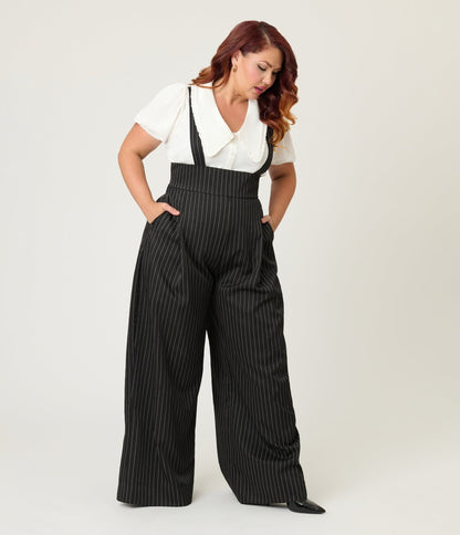 Unique Vintage Plus Size Black Pinstripe Rochelle Suspender Pants - Unique Vintage - Womens, BOTTOMS, PANTS