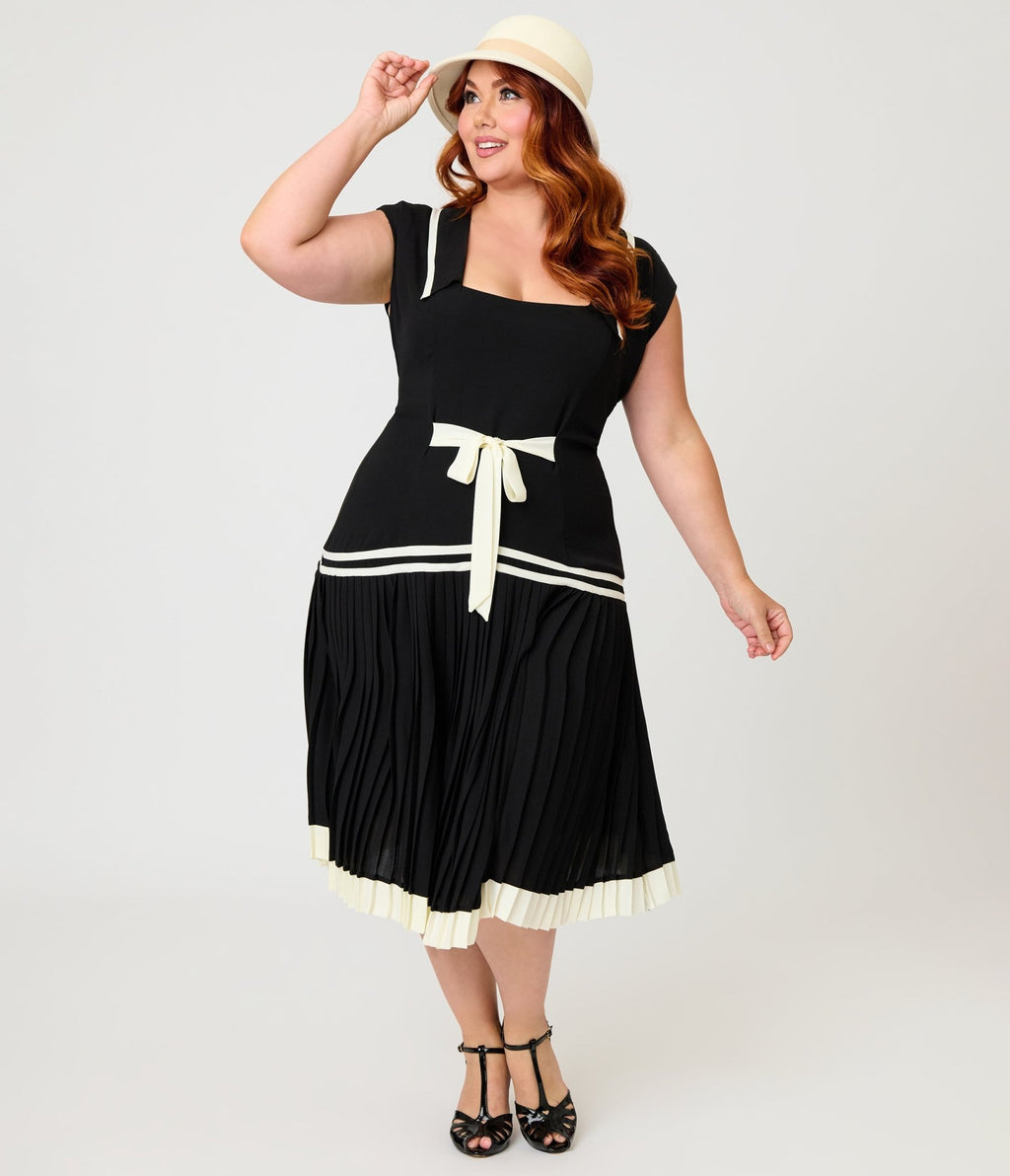 Unique Vintage Plus Size Black Pleated Flapper Day Dress - Unique Vintage - Womens, FLAPPER, SLEEVELESS NON BEADED