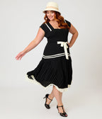 Unique Vintage Plus Size Black Pleated Flapper Day Dress - Unique Vintage - Womens, FLAPPER, SLEEVELESS NON BEADED