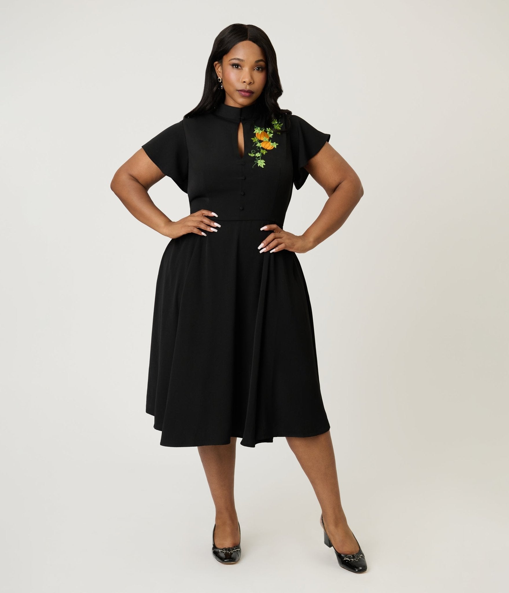 Unique Vintage Plus Size Black & Pumpkin Baltimore Swing Dress