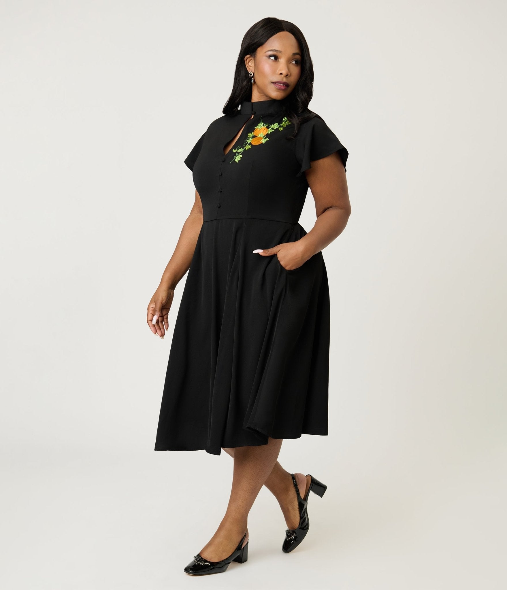 Unique Vintage Plus Size Black & Pumpkin Baltimore Swing Dress