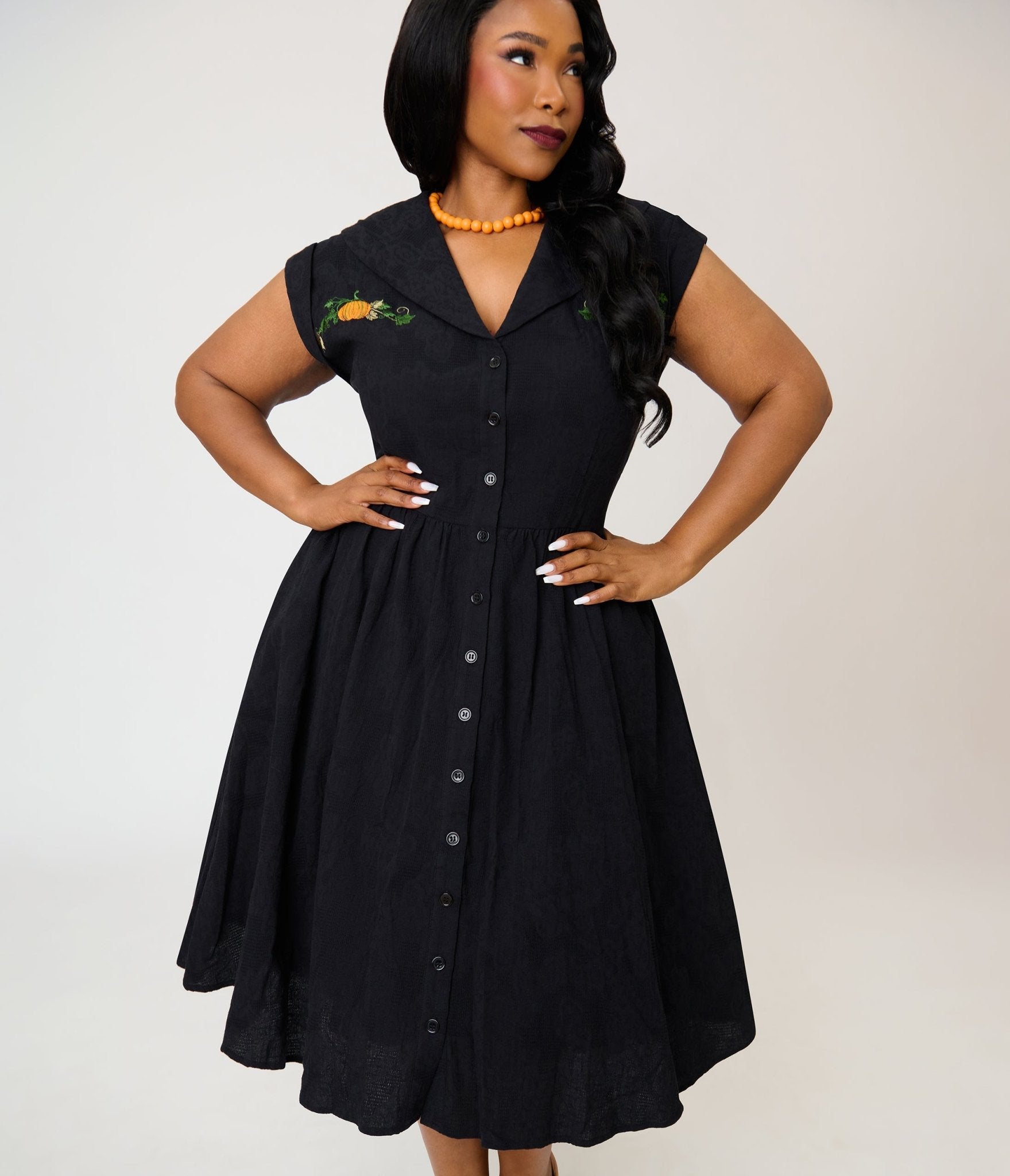 Unique Vintage Plus Size Black & Pumpkin Embroidery Cotton Marcia Swing Dress