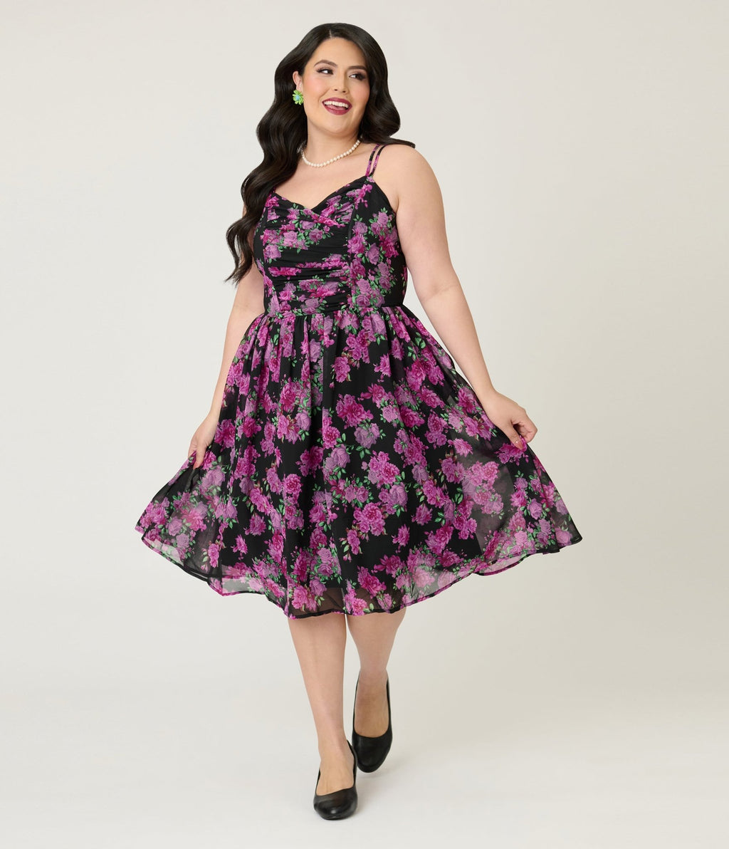 Unique Vintage Plus Size Black & Purple Floral Reed Swing Dress Unique Vintage Plus Size Black & Purple Floral Reed Swing Dress