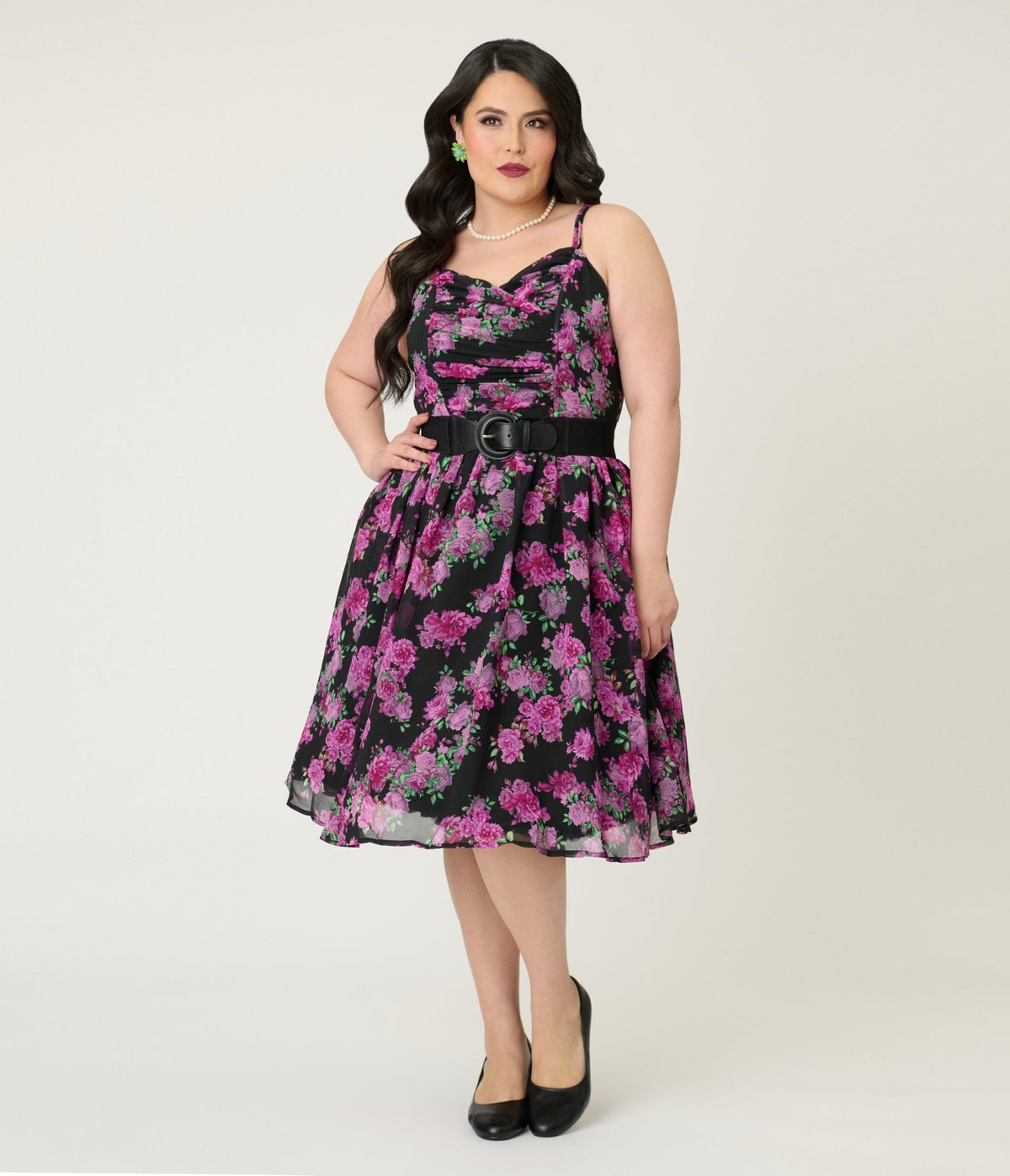 Unique Vintage Plus Size Black & Purple Floral Reed Swing Dress