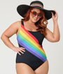 Unique Vintage Plus Size Black Rainbow Huntington Swimsuit