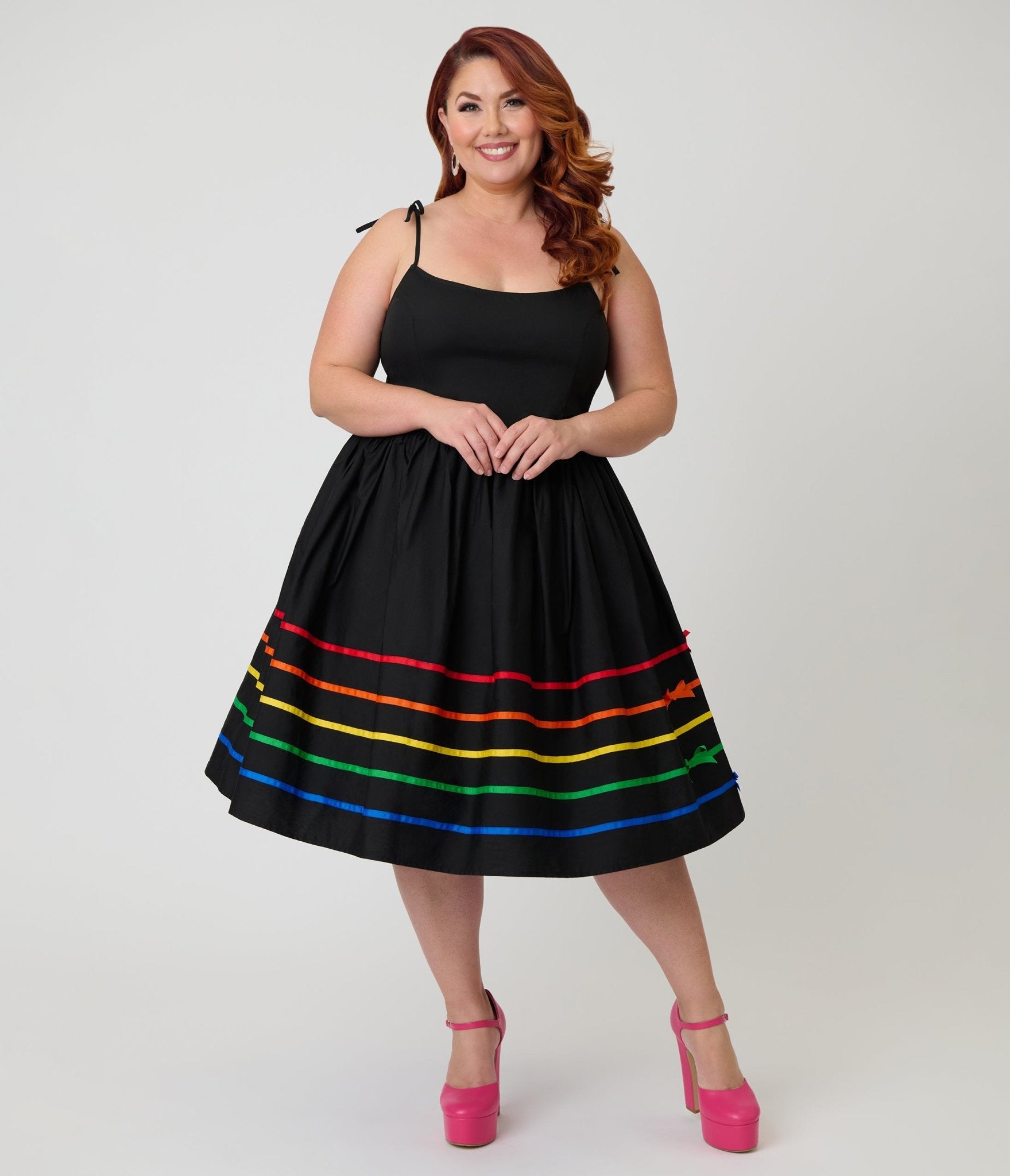 Unique Vintage Plus Size Black & Rainbow Ribbon Bobbie Swing Dress - Unique Vintage - Womens, DRESSES, SWING