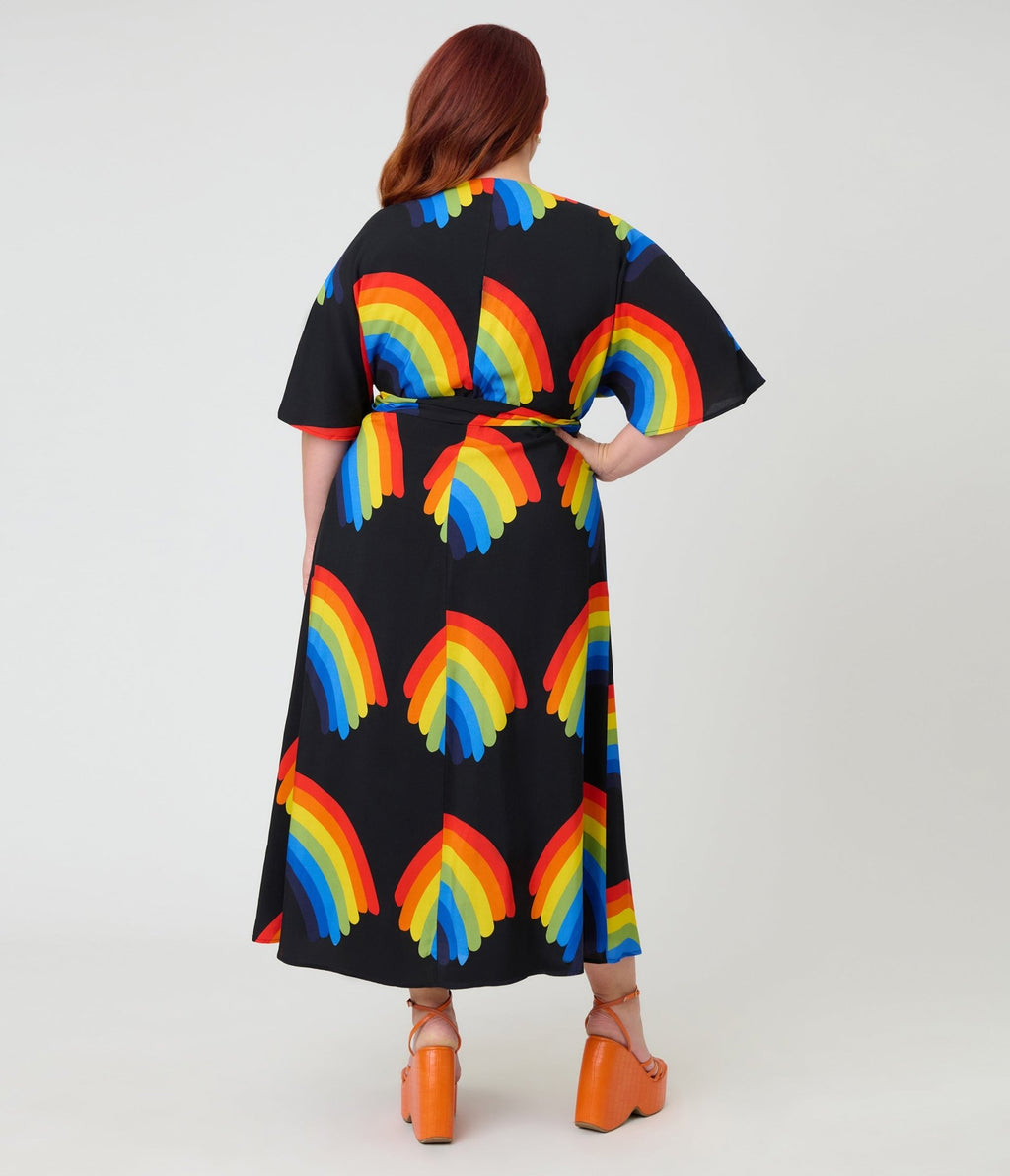 Unique Vintage Plus Size Black Rainbow Wrap Midi Dress - Unique Vintage - Womens, DRESSES, MIDI