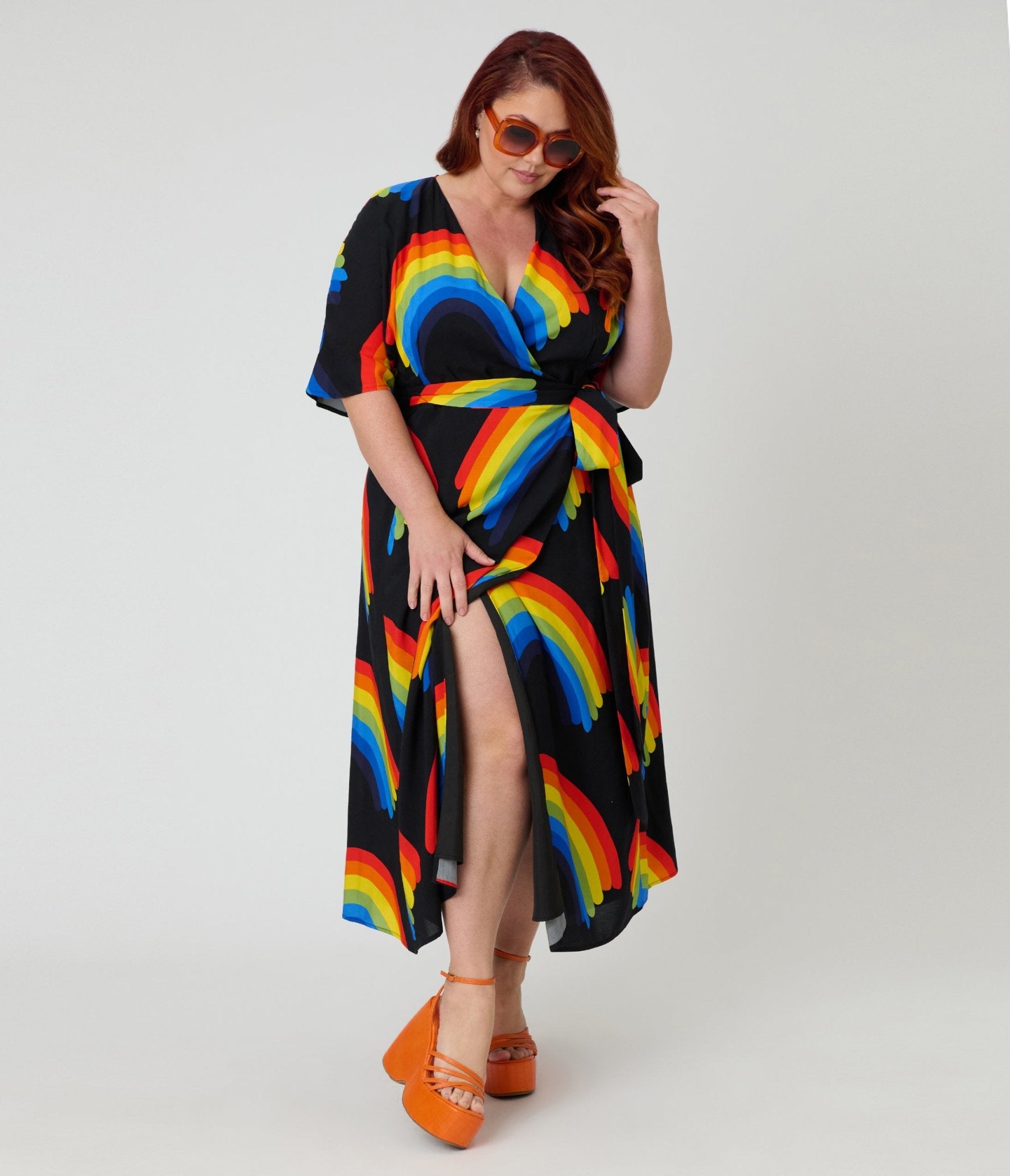 Unique Vintage Plus Size Black Rainbow Wrap Angelique Midi Dress