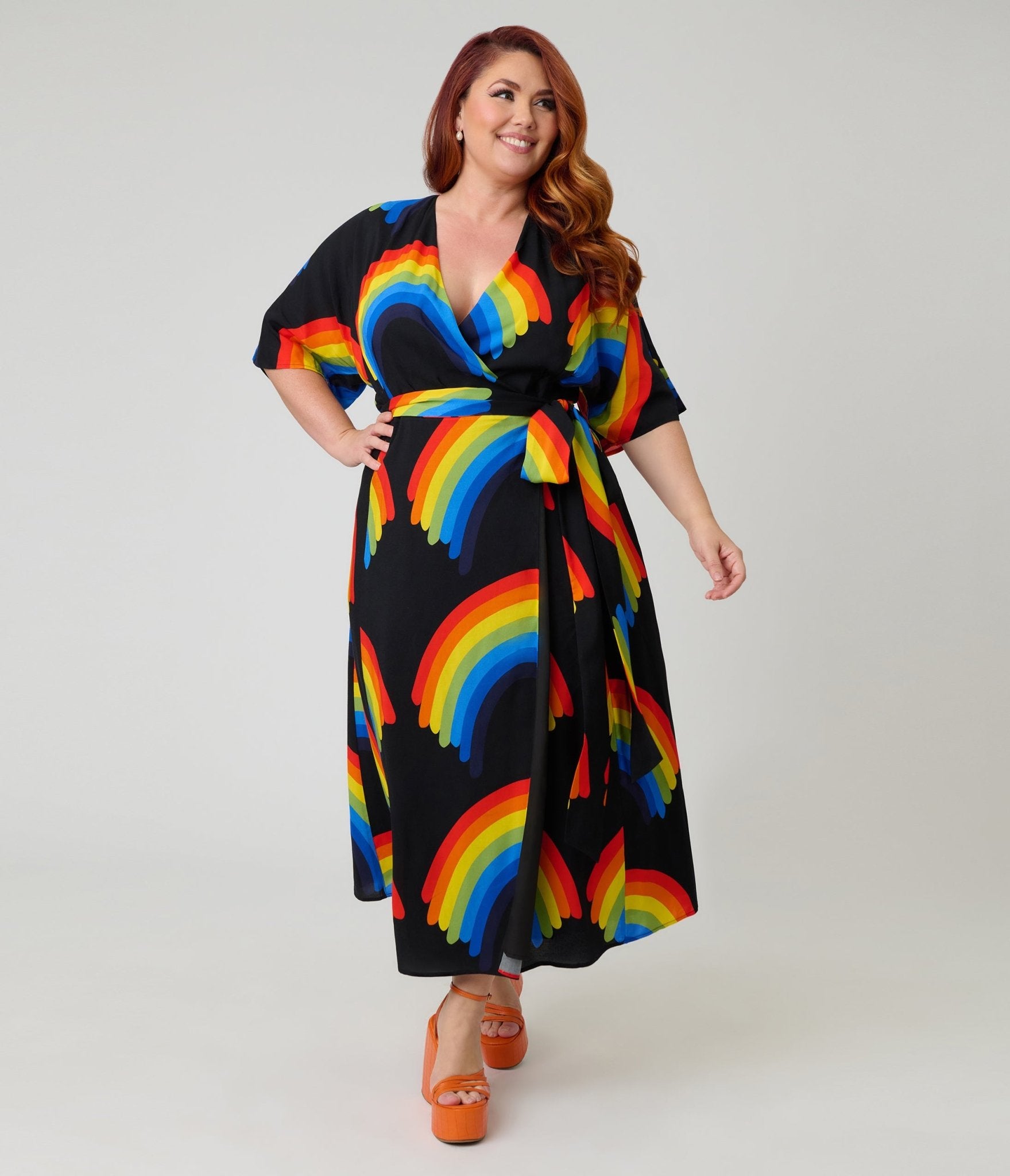 rainbow women dresses Unique Vintage Plus Size Black Rainbow Wrap Midi Dress