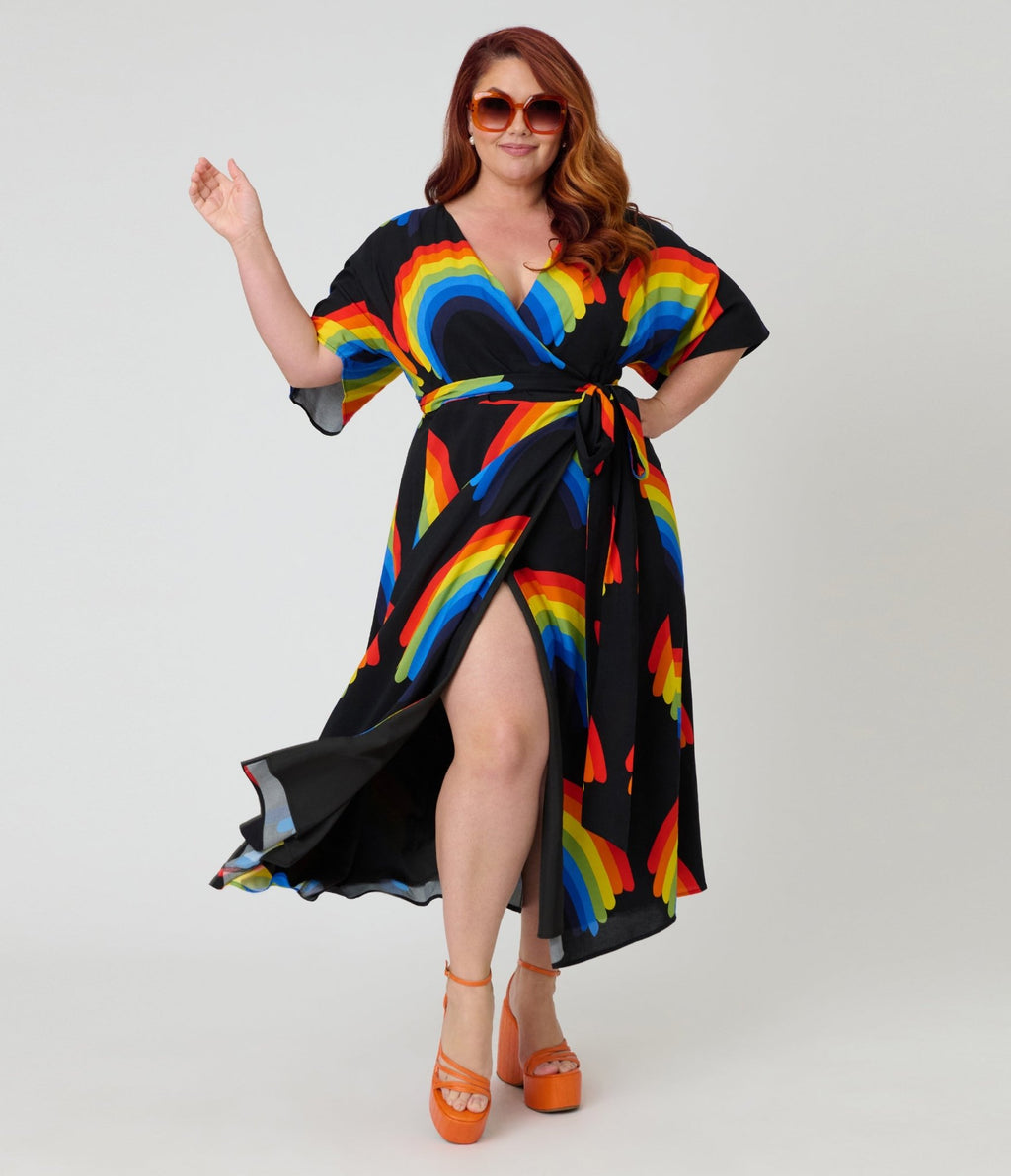 Unique Vintage Plus Size Black Rainbow Wrap Midi Dress - Unique Vintage - Womens, DRESSES, MIDI