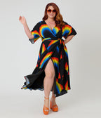 Unique Vintage Plus Size Black Rainbow Wrap Midi Dress - Unique Vintage - Womens, DRESSES, MIDI