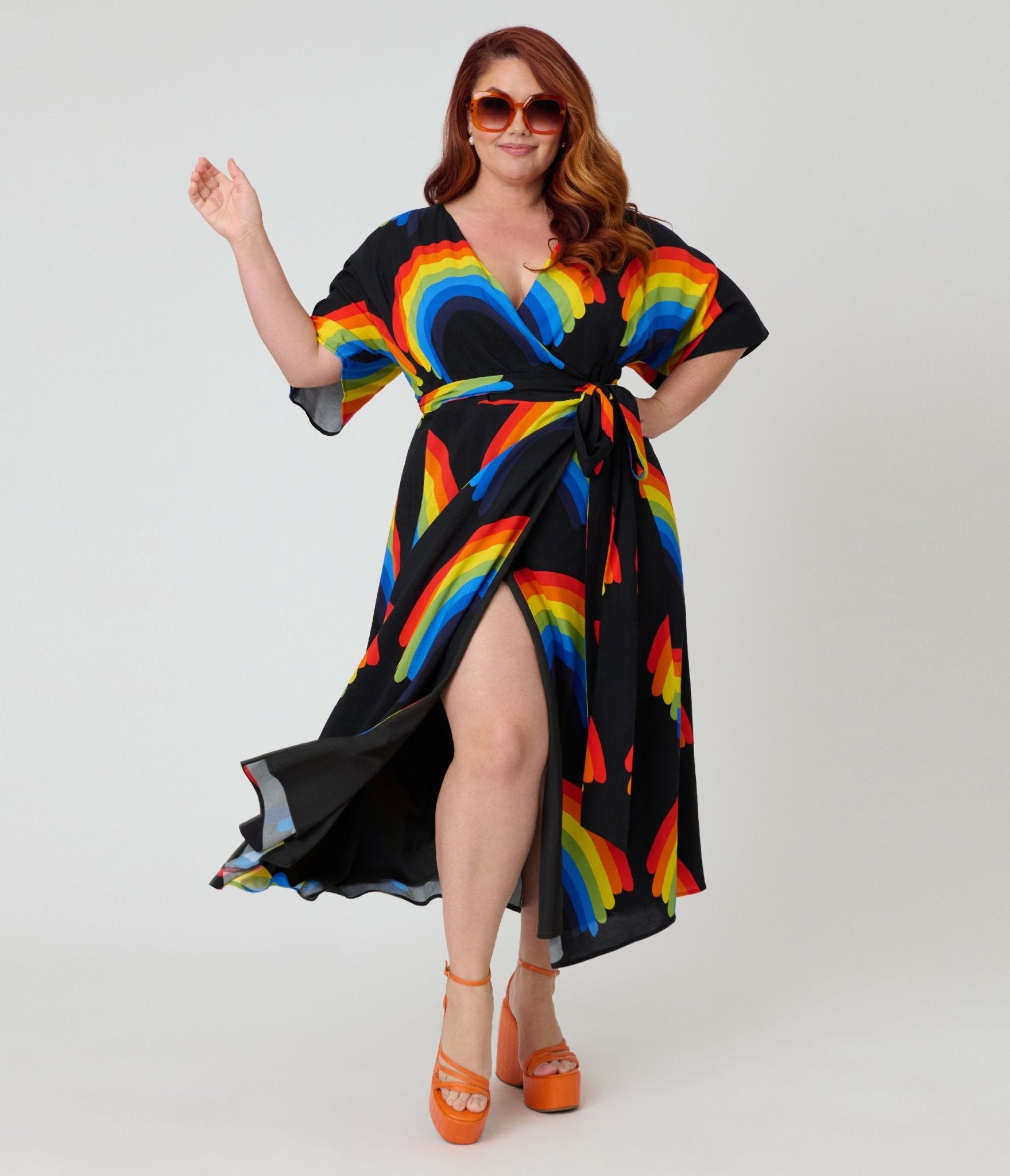 Unique Vintage Plus Size Black Rainbow Wrap Midi Dress - Unique Vintage - Womens, DRESSES, MIDI