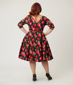 Unique Vintage Plus Size Black & Red Cabbage Rose Devon Swing Dress - Unique Vintage - Womens, DRESSES, SWING