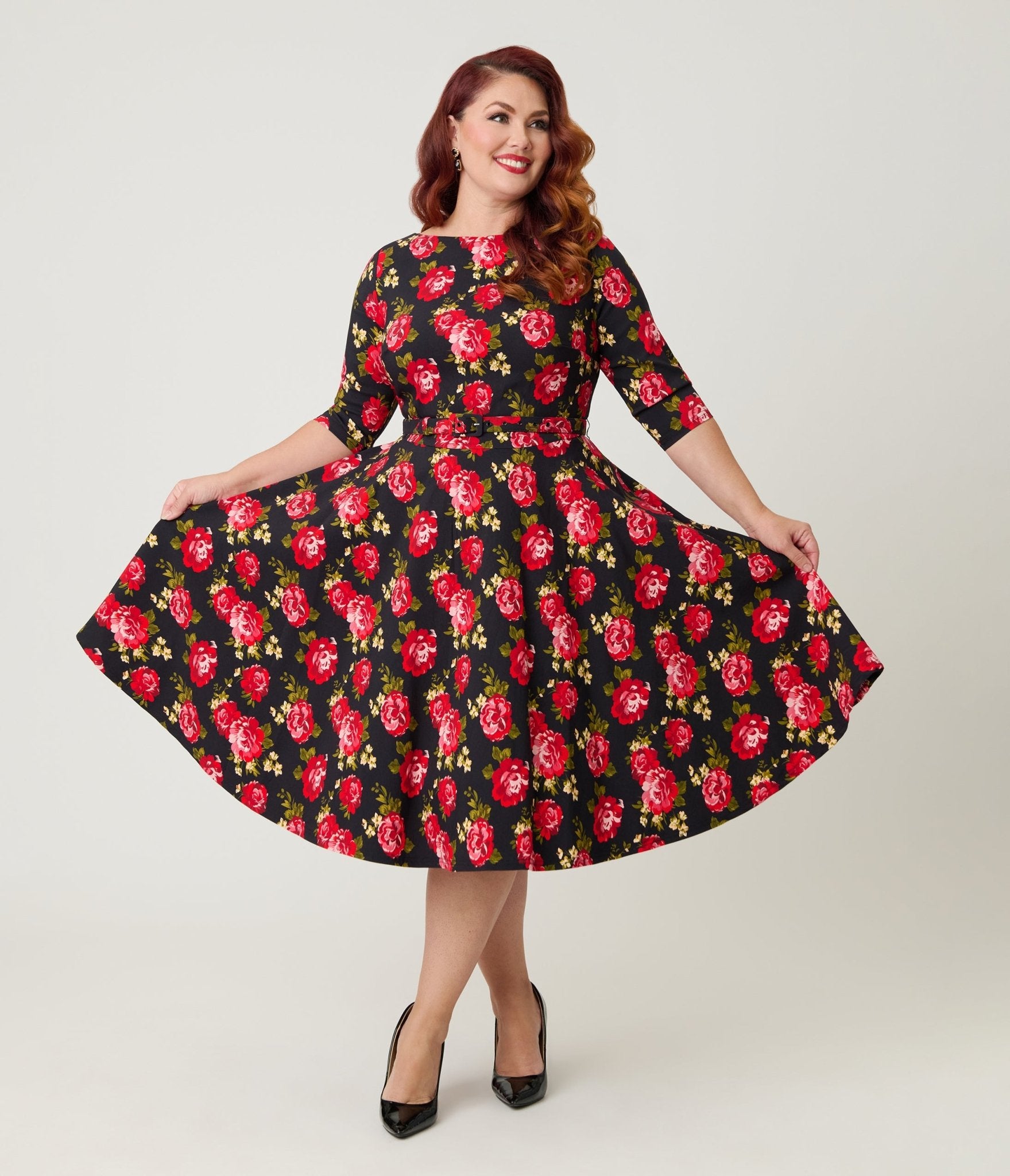 Unique Vintage Plus Size Black & Red Cabbage Rose Devon Swing Dress - Unique Vintage - Womens, DRESSES, SWING