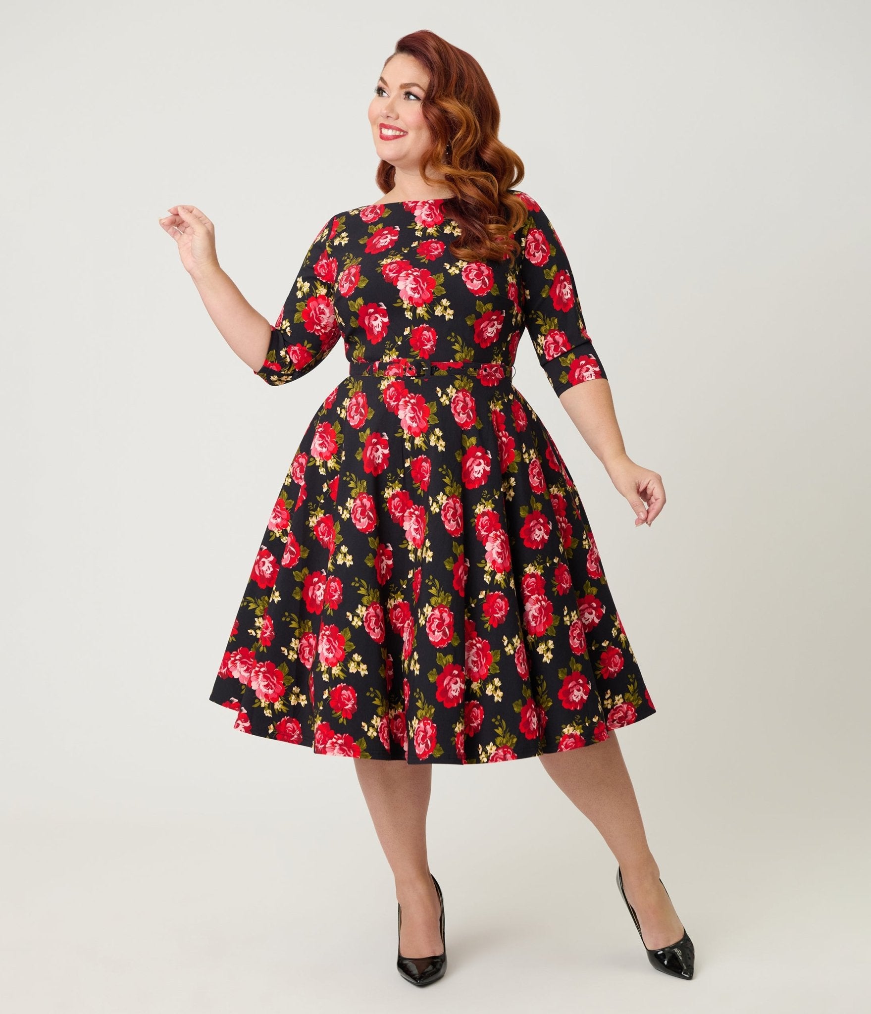 Unique Vintage Plus Size Black & Red Cabbage Rose Devon Swing Dress - Unique Vintage - Womens, DRESSES, SWING