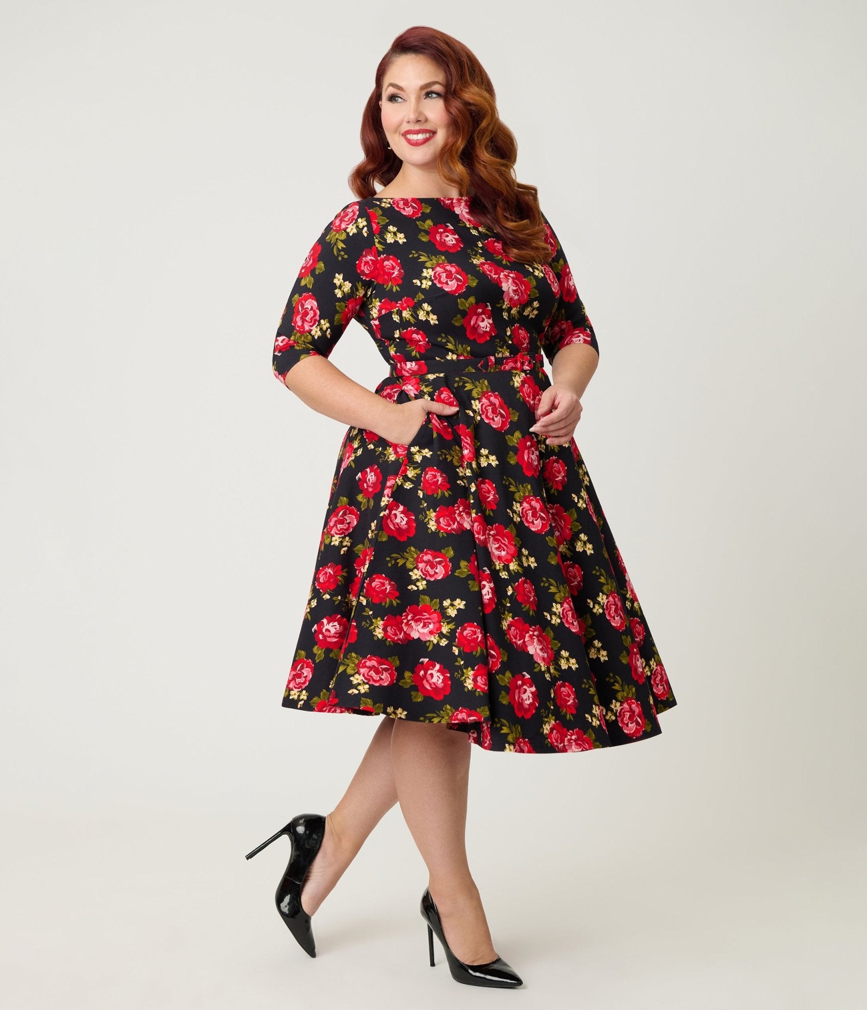 Unique Vintage Plus Size Black & Red Cabbage Rose Devon Swing Dress