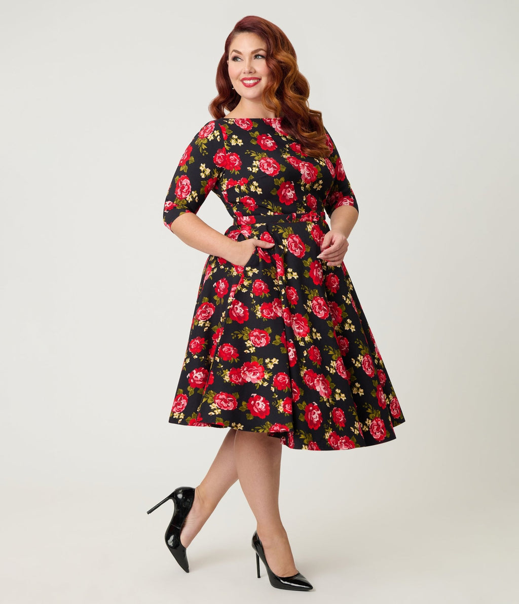 Unique Vintage Plus Size Black & Red Cabbage Rose Devon Swing Dress - Unique Vintage - Womens, DRESSES, SWING