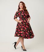 Unique Vintage Plus Size Black & Red Cabbage Rose Devon Swing Dress - Unique Vintage - Womens, DRESSES, SWING