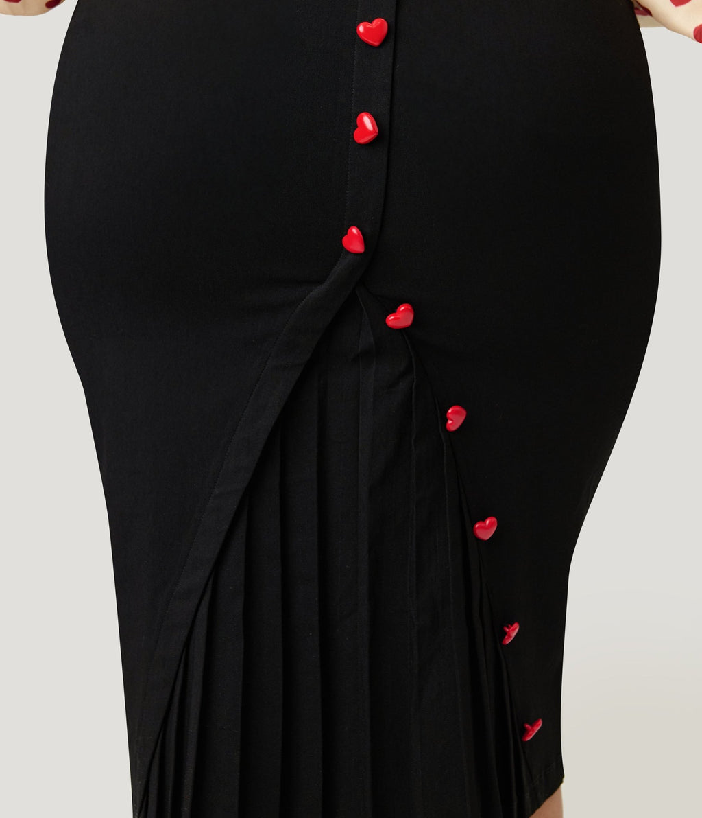 Unique Vintage Plus Size Black & Red Heart Button Pencil Skirt - Unique Vintage - Womens, BOTTOMS, SKIRTS