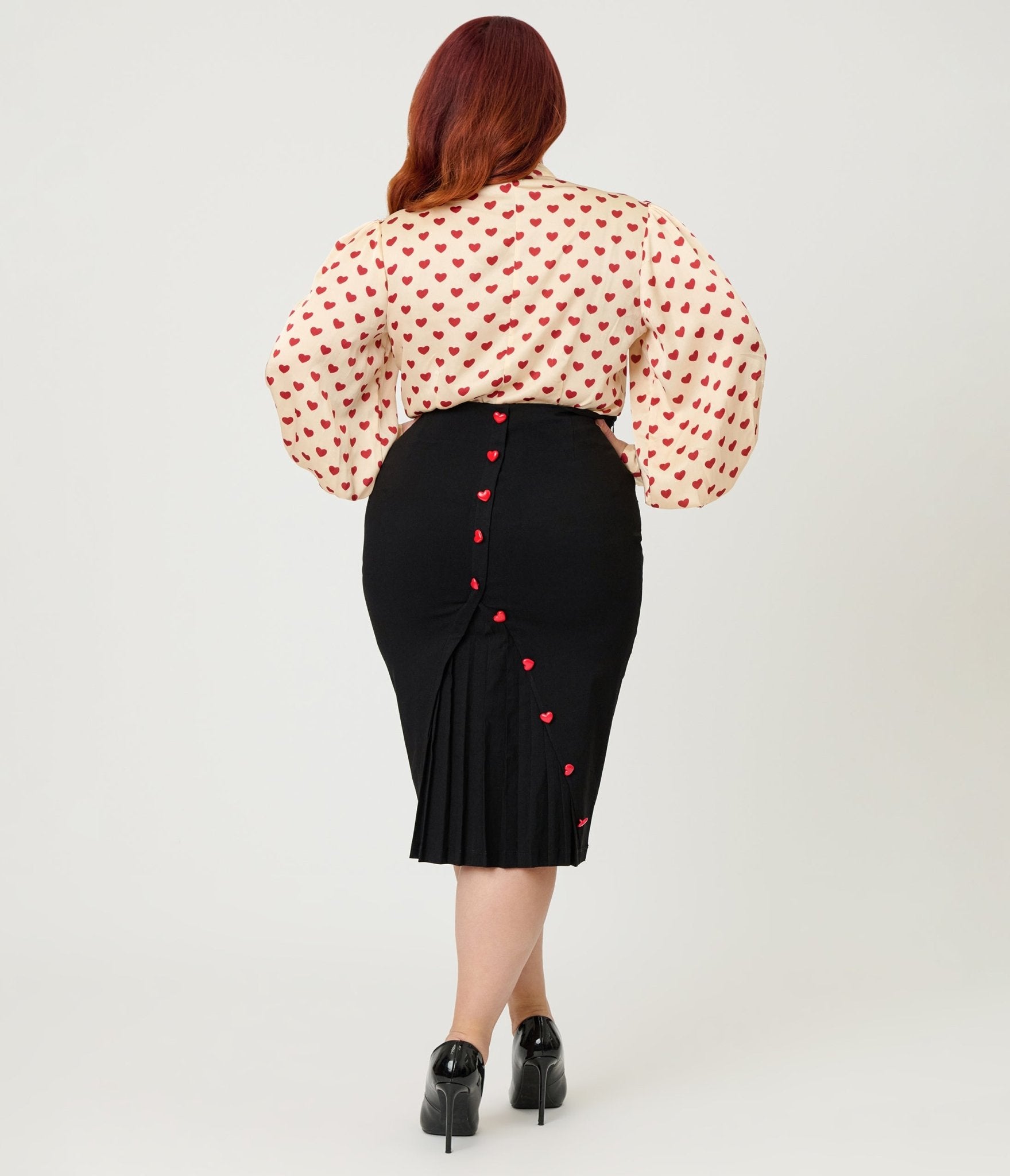 Unique Vintage Plus Size Black & Red Heart Button Pencil Skirt - Unique Vintage - Womens, BOTTOMS, SKIRTS