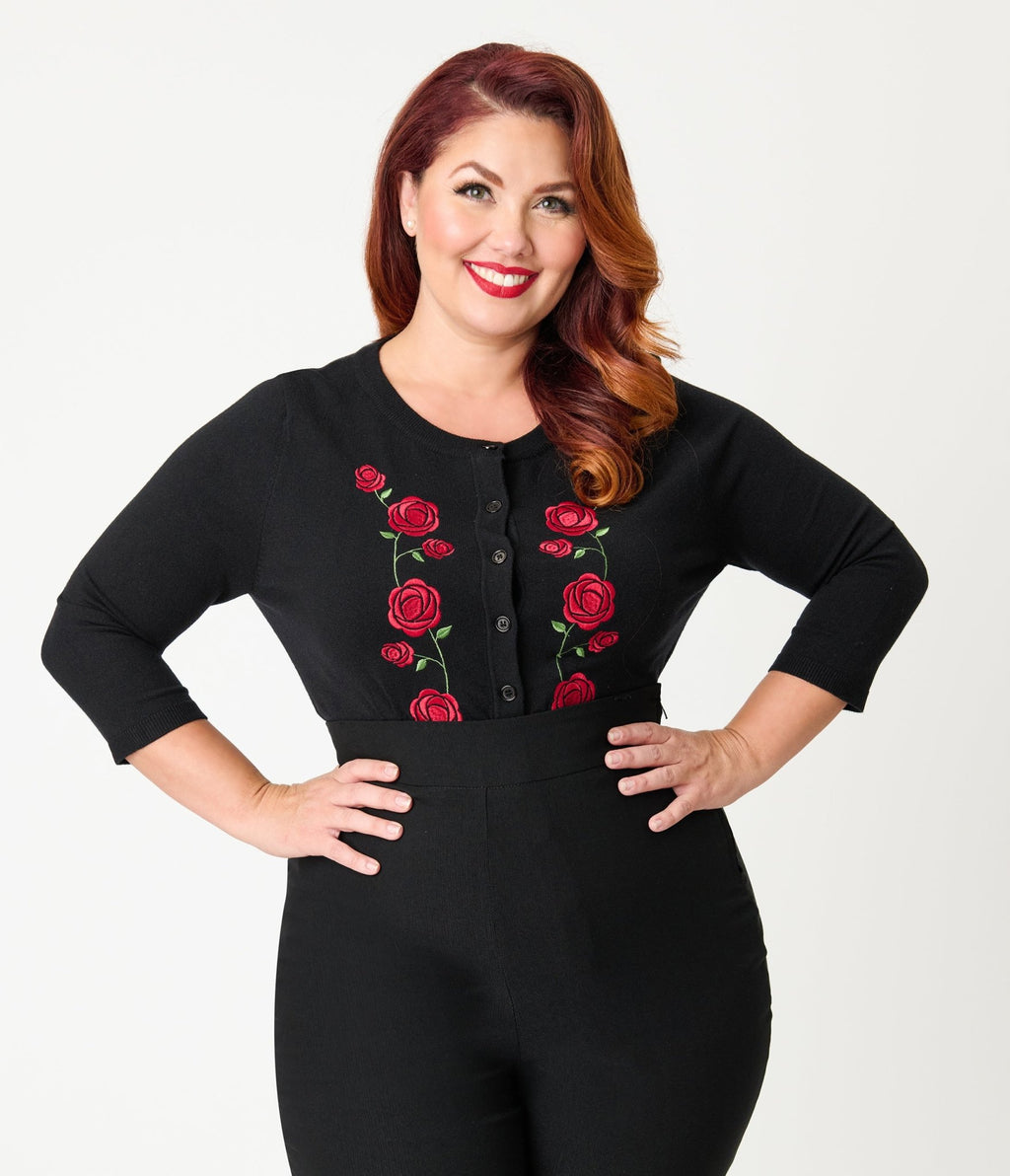 Unique Vintage Plus Size Black & Red Roses Bookworm Cardigan - Unique Vintage - Womens, TOPS, SWEATERS