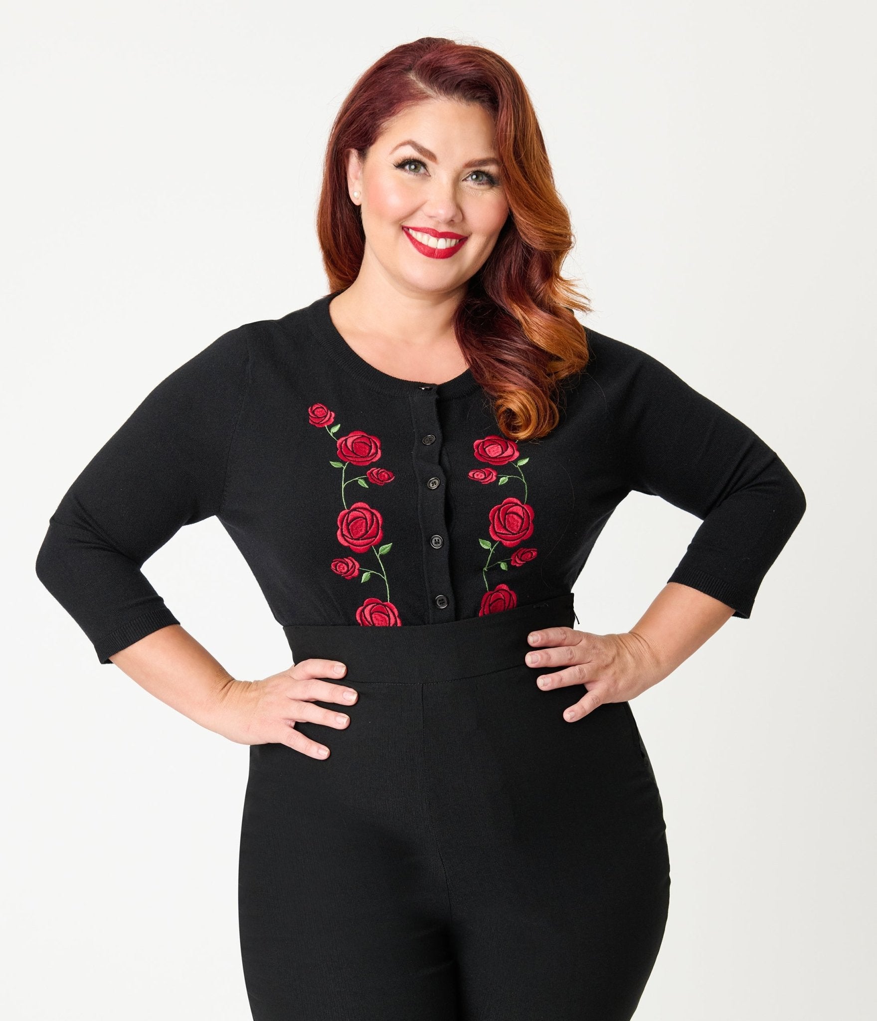 Unique Vintage Plus Size Black & Red Roses Bookworm Cardigan - Unique Vintage - Womens, TOPS, SWEATERS