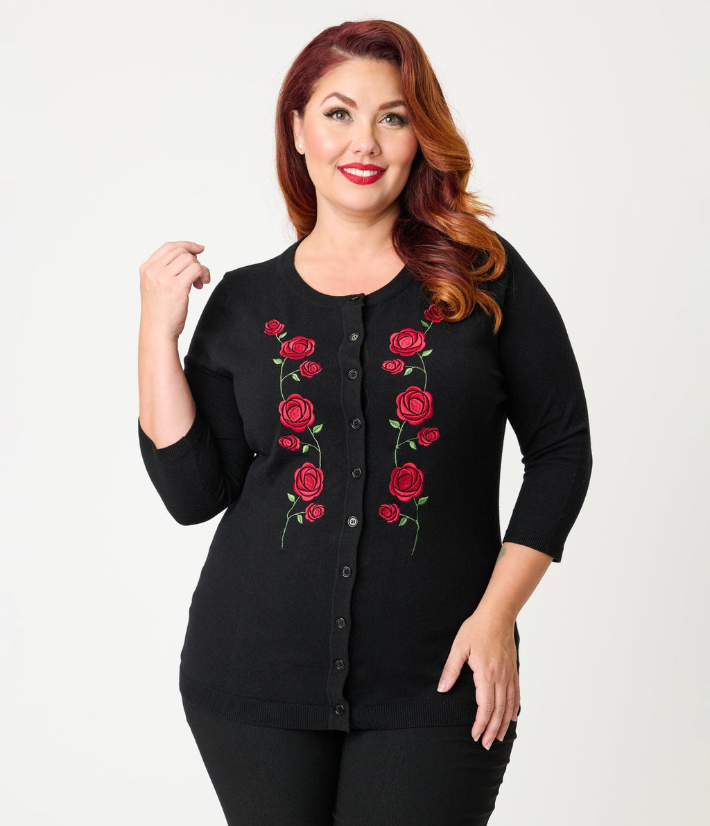 Unique Vintage Plus Size Black & Red Roses Bookworm Cardigan - Unique Vintage - Womens, TOPS, SWEATERS