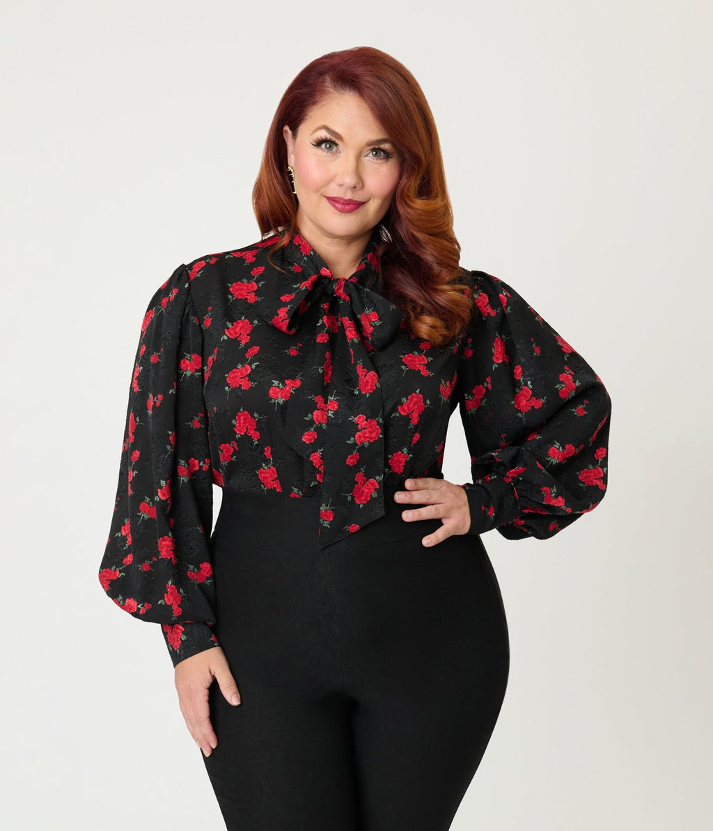 Unique Vintage Plus Size Black & Red Roses Long Sleeve Gwen Blouse - Unique Vintage - Womens, TOPS, WOVEN TOPS