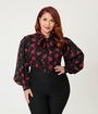 Unique Vintage Plus Size Black & Red Roses Long Sleeve Gwen Blouse