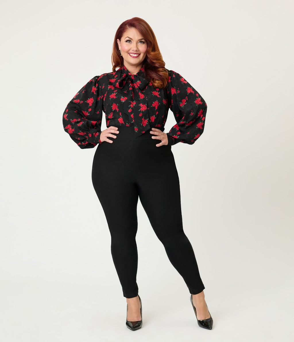 Unique Vintage Plus Size Black & Red Roses Long Sleeve Gwen Blouse - Unique Vintage - Womens, TOPS, WOVEN TOPS